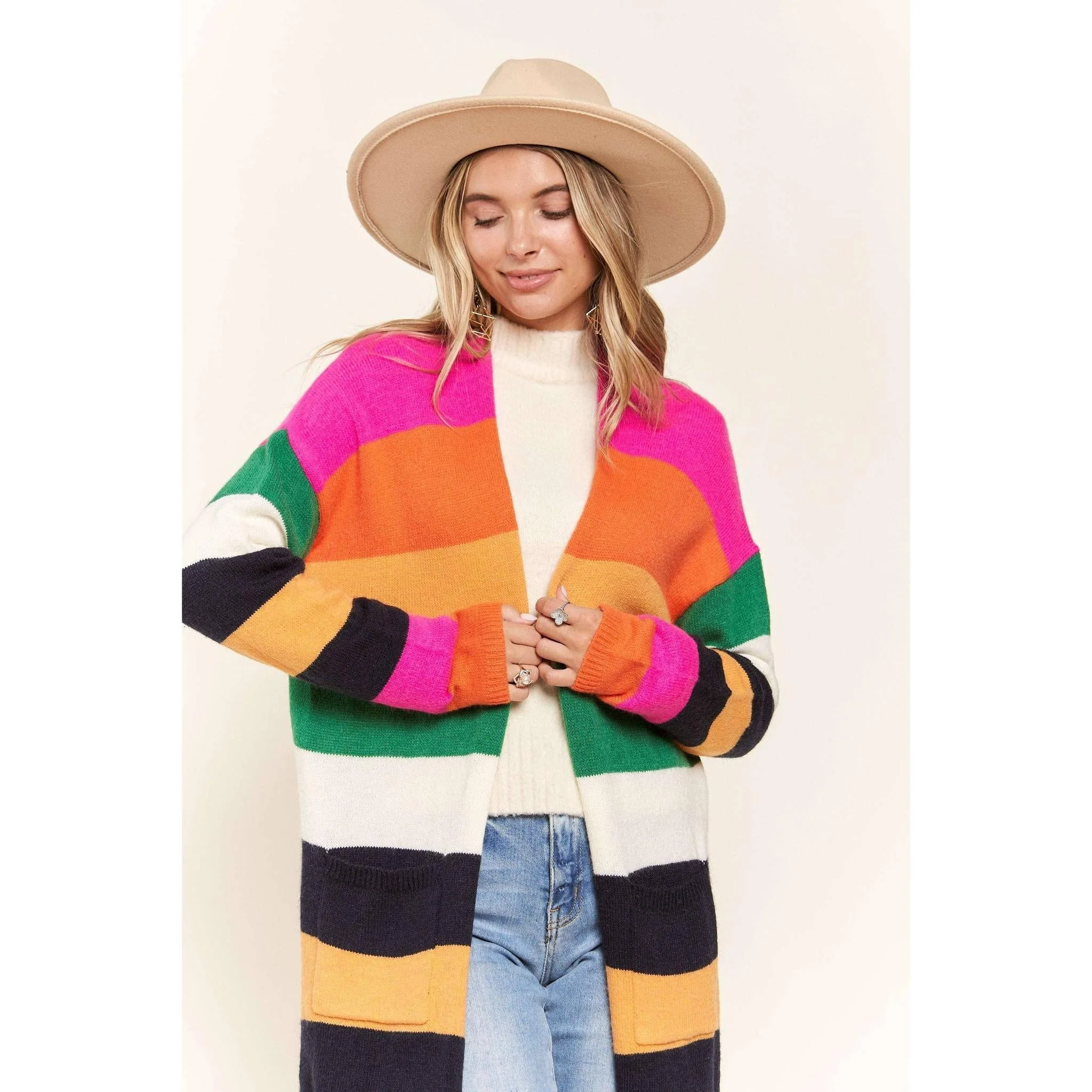 Multi Color Stripe Cardigan with Pockets | Open Front Long Knit Sweater [Sizes SM-L] - Image 3