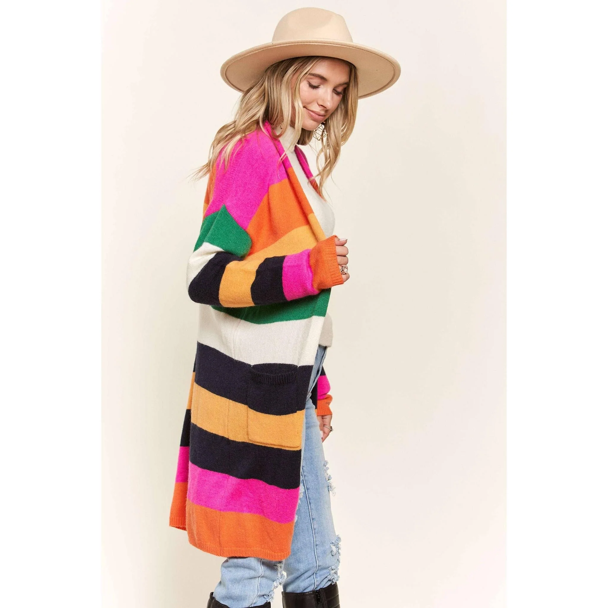 Multi Color Stripe Cardigan with Pockets | Open Front Long Knit Sweater [Sizes SM-L] - Image 4