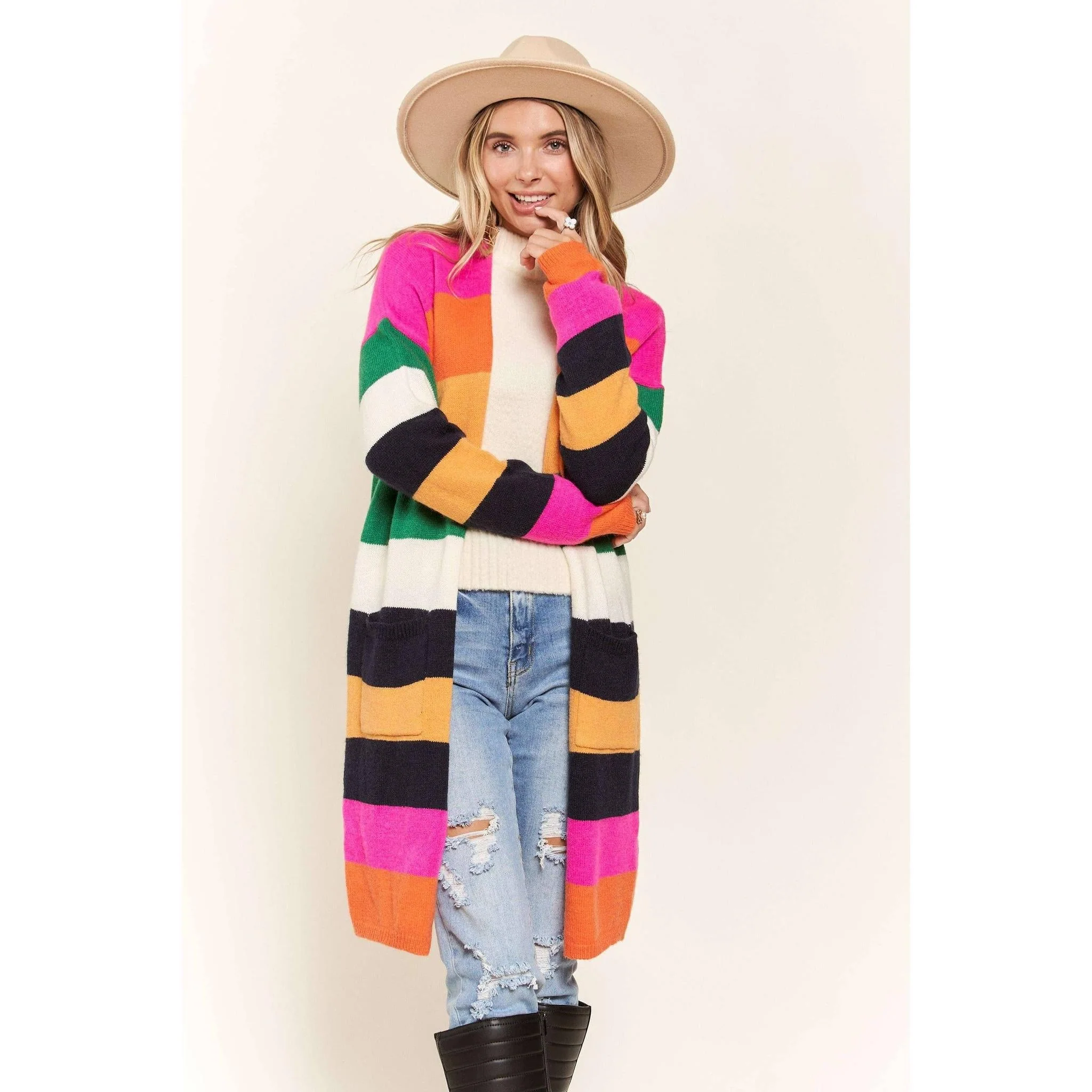 Multi Color Stripe Cardigan with Pockets | Open Front Long Knit Sweater [Sizes SM-L] - Image 6