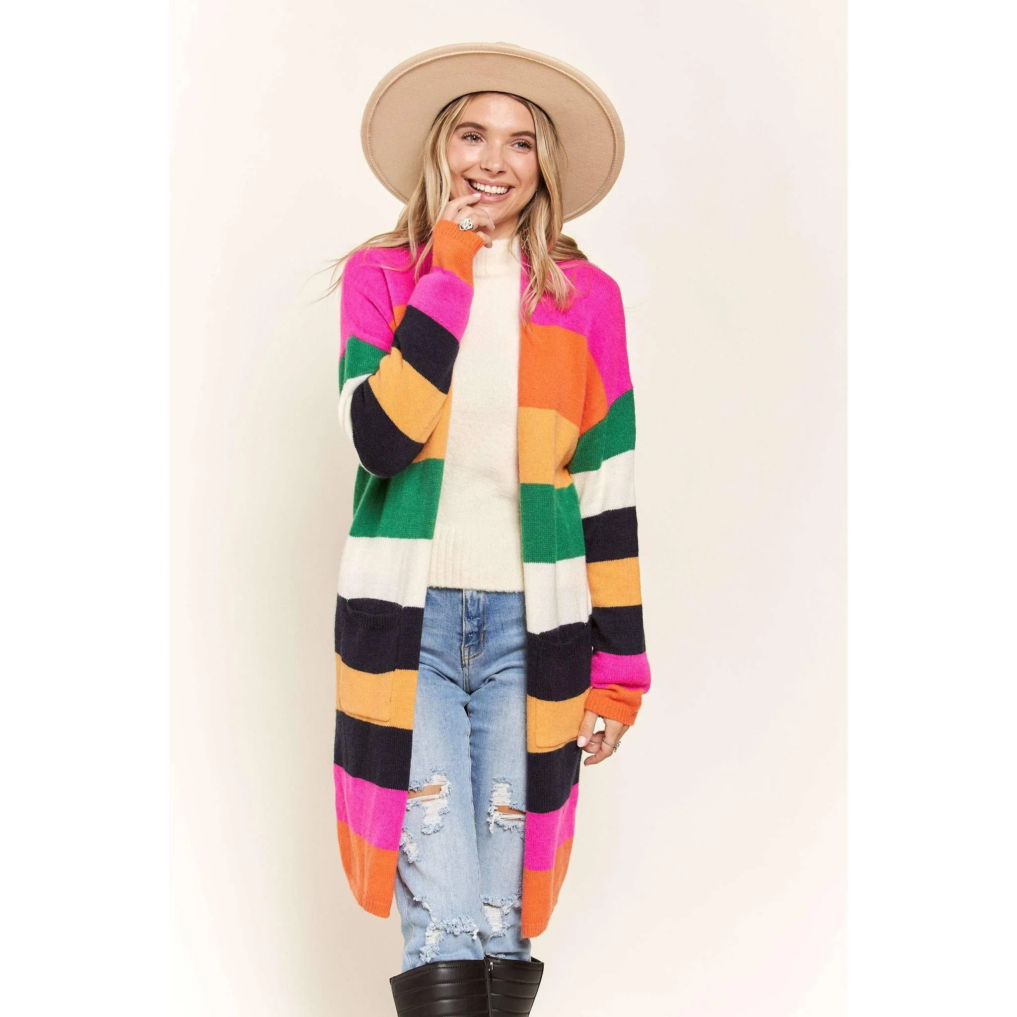 Multi Color Stripe Cardigan with Pockets | Open Front Long Knit Sweater [Sizes SM-L] - Image 7