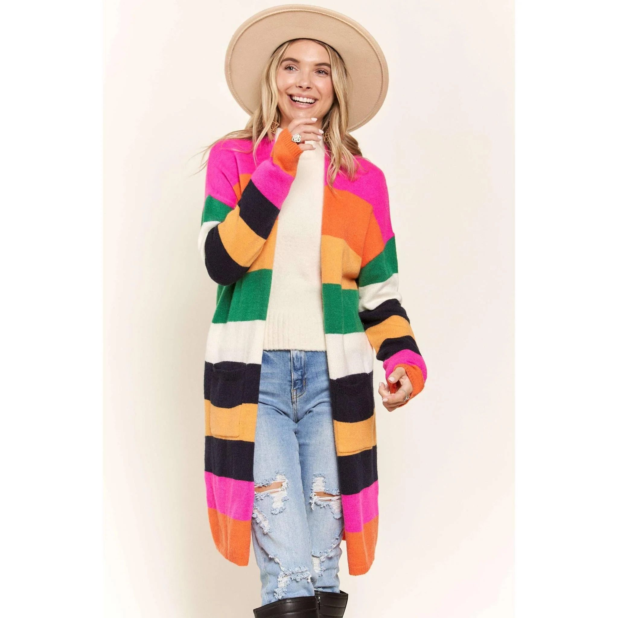 Multi Color Stripe Cardigan with Pockets | Open Front Long Knit Sweater [Sizes SM-L] - Image 8