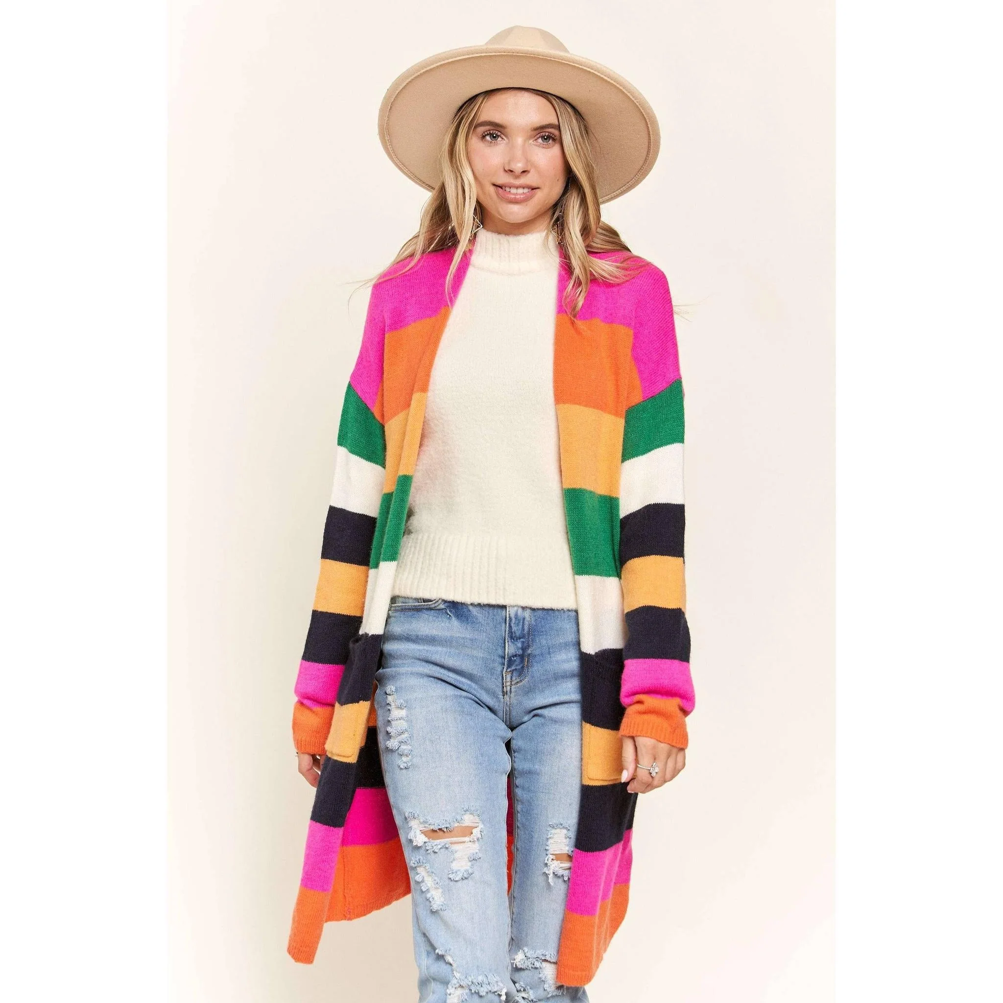 Multi Color Stripe Cardigan with Pockets | Open Front Long Knit Sweater [Sizes SM-L] - Image 9