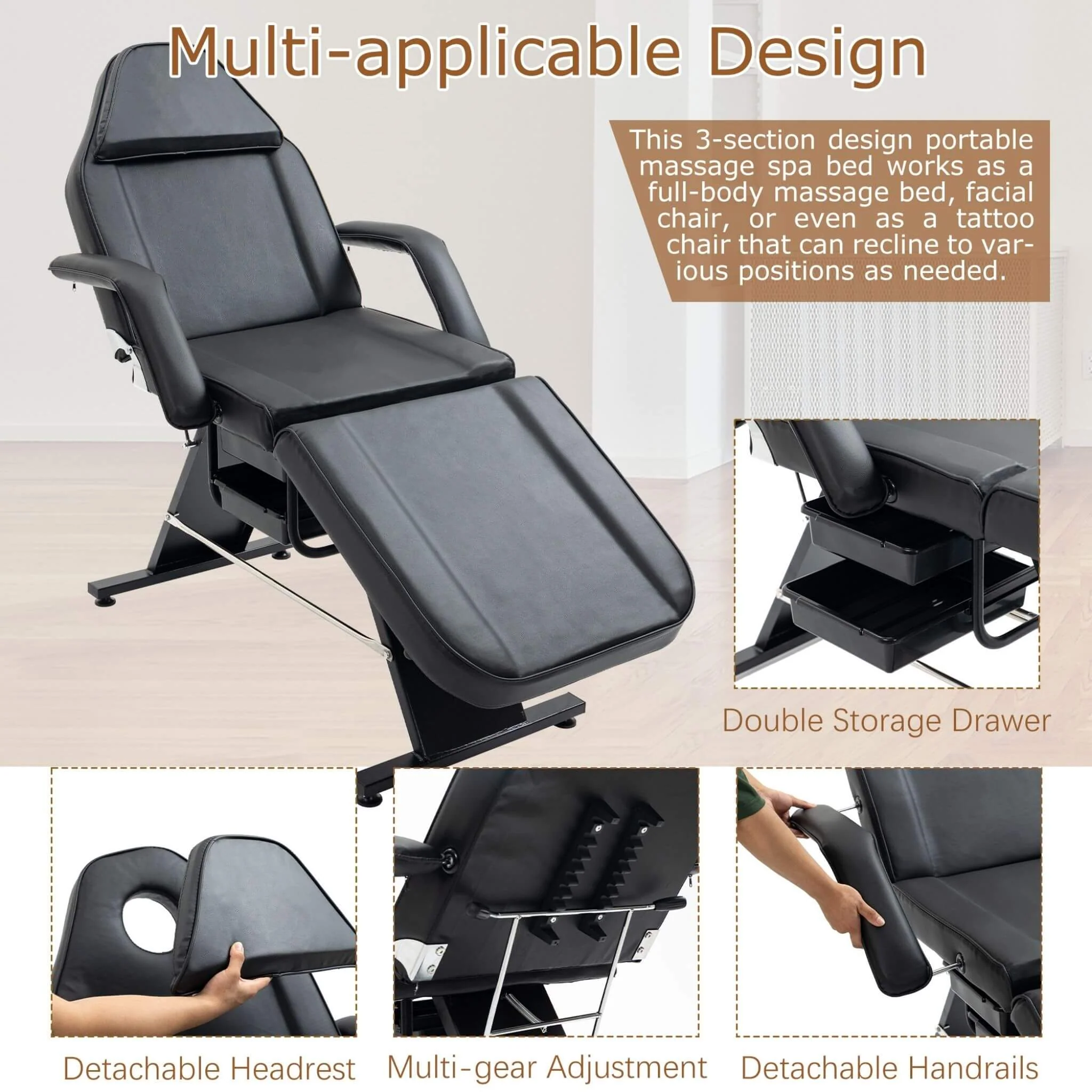 Multi-Purpose 3-Section Adjustable Massage Tattoo Chair With Stool (SAK35617) - Image 7