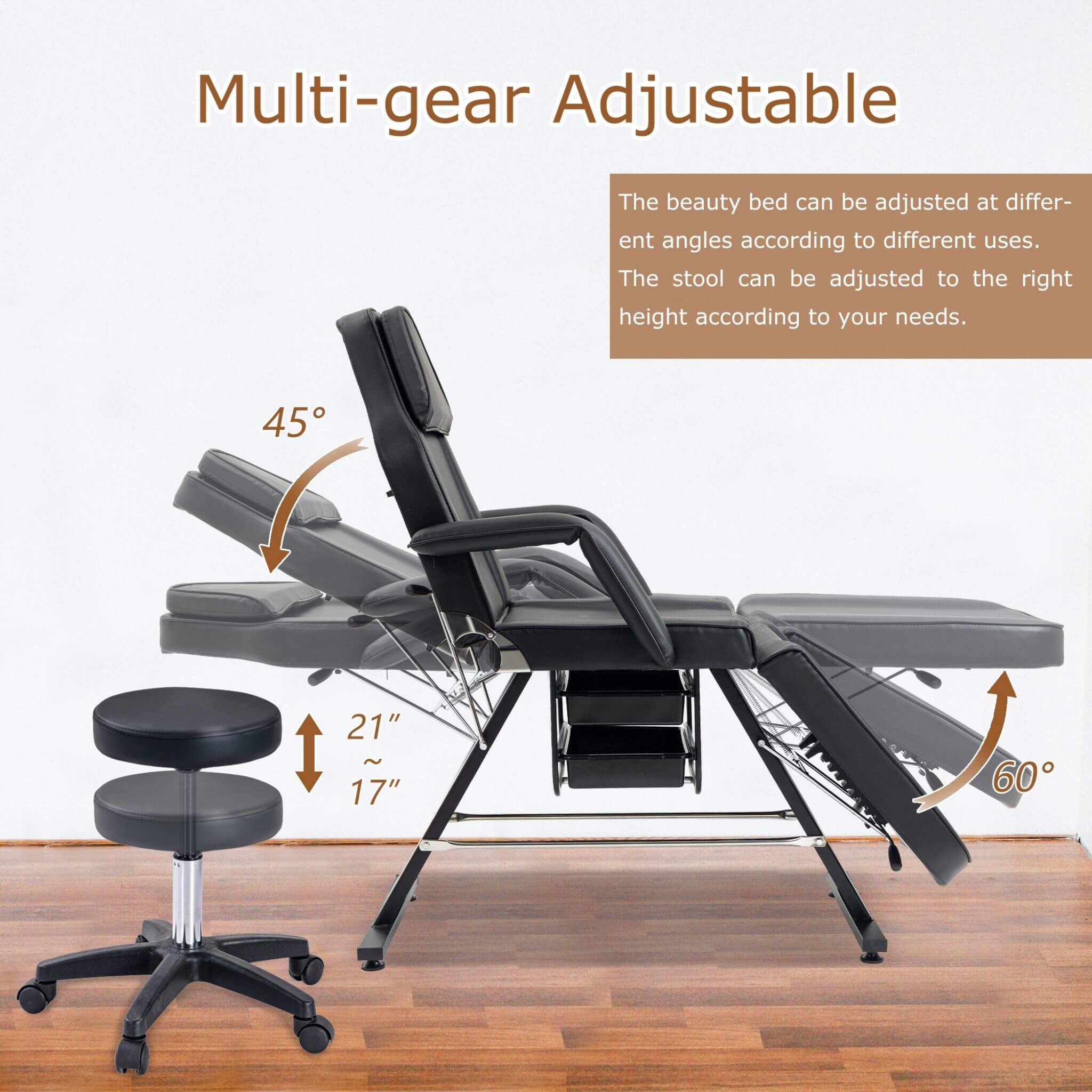 Multi-Purpose 3-Section Adjustable Massage Tattoo Chair With Stool (SAK35617) - Image 8