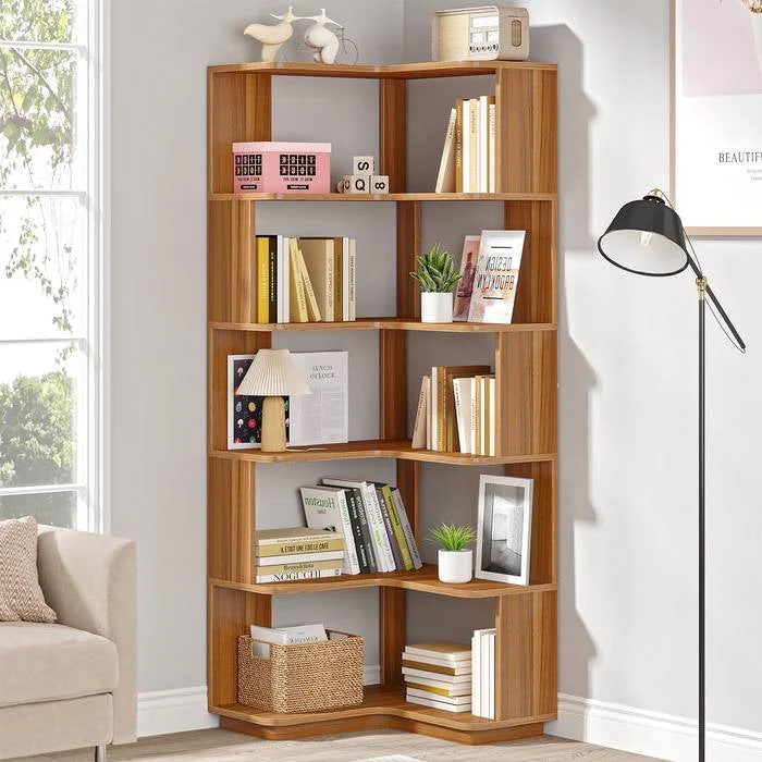 Multifunctional 6 Shelf Corner L-Shaped Bookcase in Brown Wood Finish - Image 2