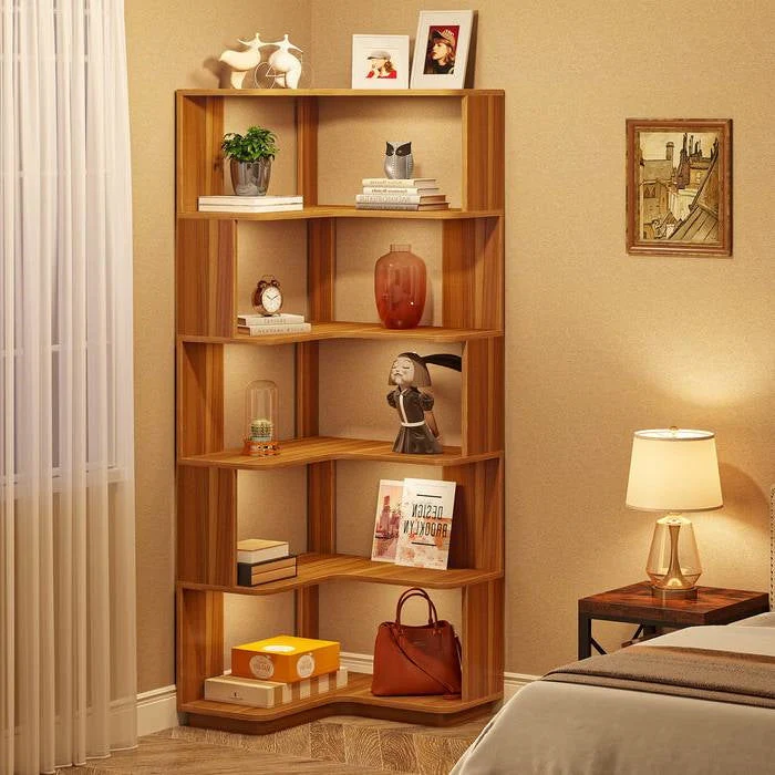 Multifunctional 6 Shelf Corner L-Shaped Bookcase in Brown Wood Finish - Image 3