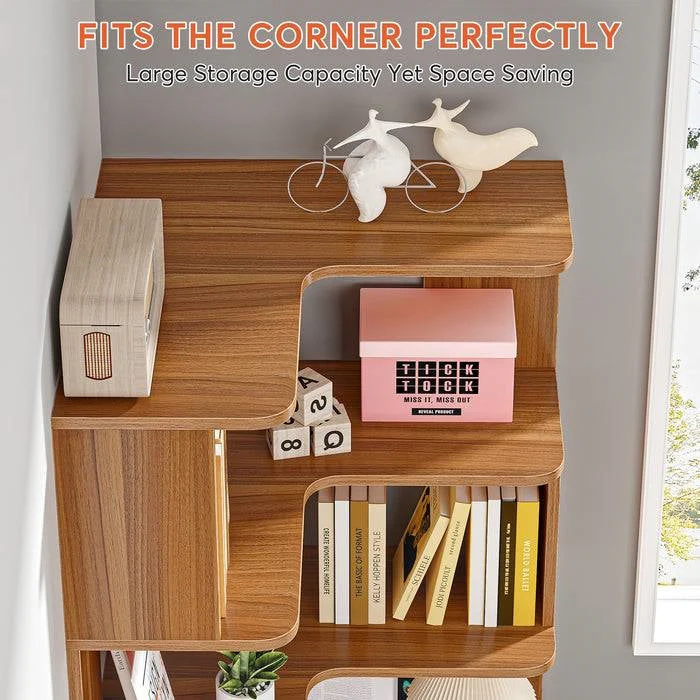 Multifunctional 6 Shelf Corner L-Shaped Bookcase in Brown Wood Finish - Image 4