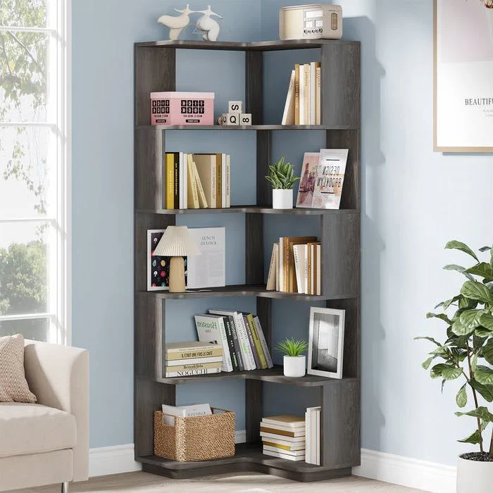 Multifunctional 6 Shelf Corner L-Shaped Bookcase in Dark Grey Wood Finish - Image 2