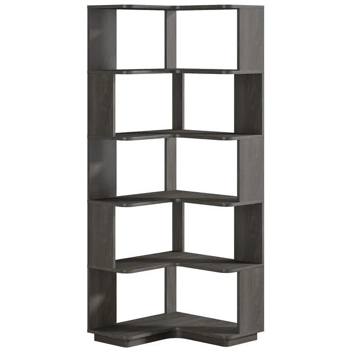 Multifunctional 6 Shelf Corner L-Shaped Bookcase in Dark Grey Wood Finish - Image 3