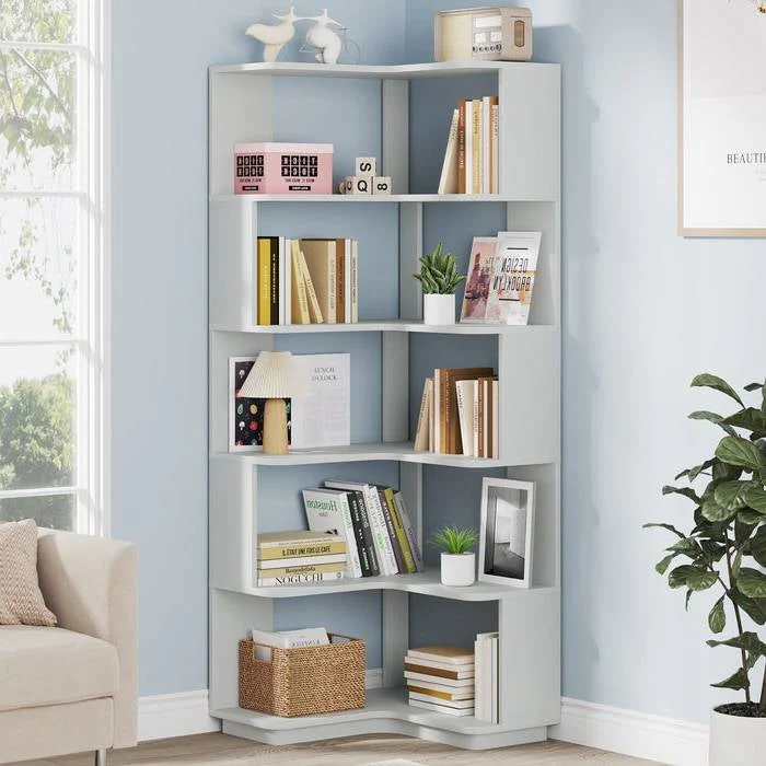 Multifunctional 6 Shelf Corner L-Shaped Bookcase in Sliver Grey Wood Finish - Image 2