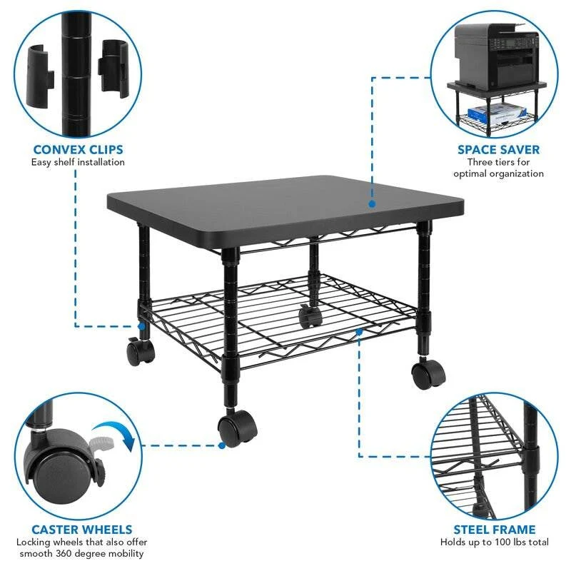 Multipurpose Black Metal 2-Tier Mobile Under Desk Printer Stand Cart w/ Casters - Image 4