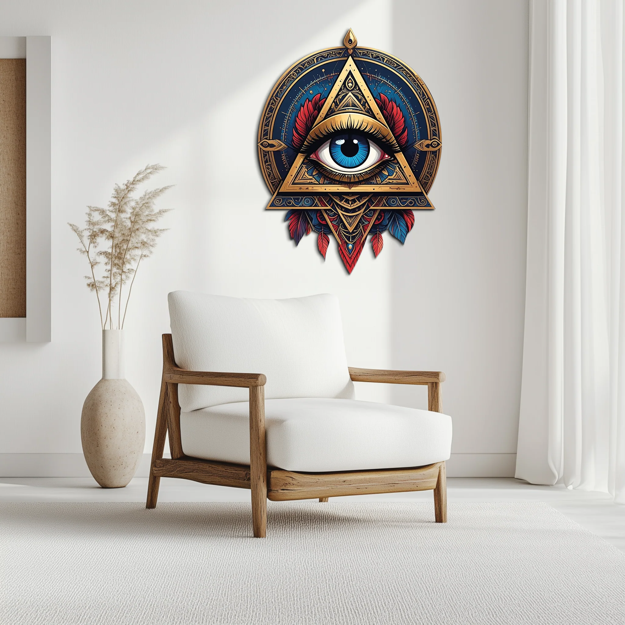 Mystic Eye Metal Wall Decor – Bohemian Triangle Art with Feathers-KAFUVM024 - Image 3