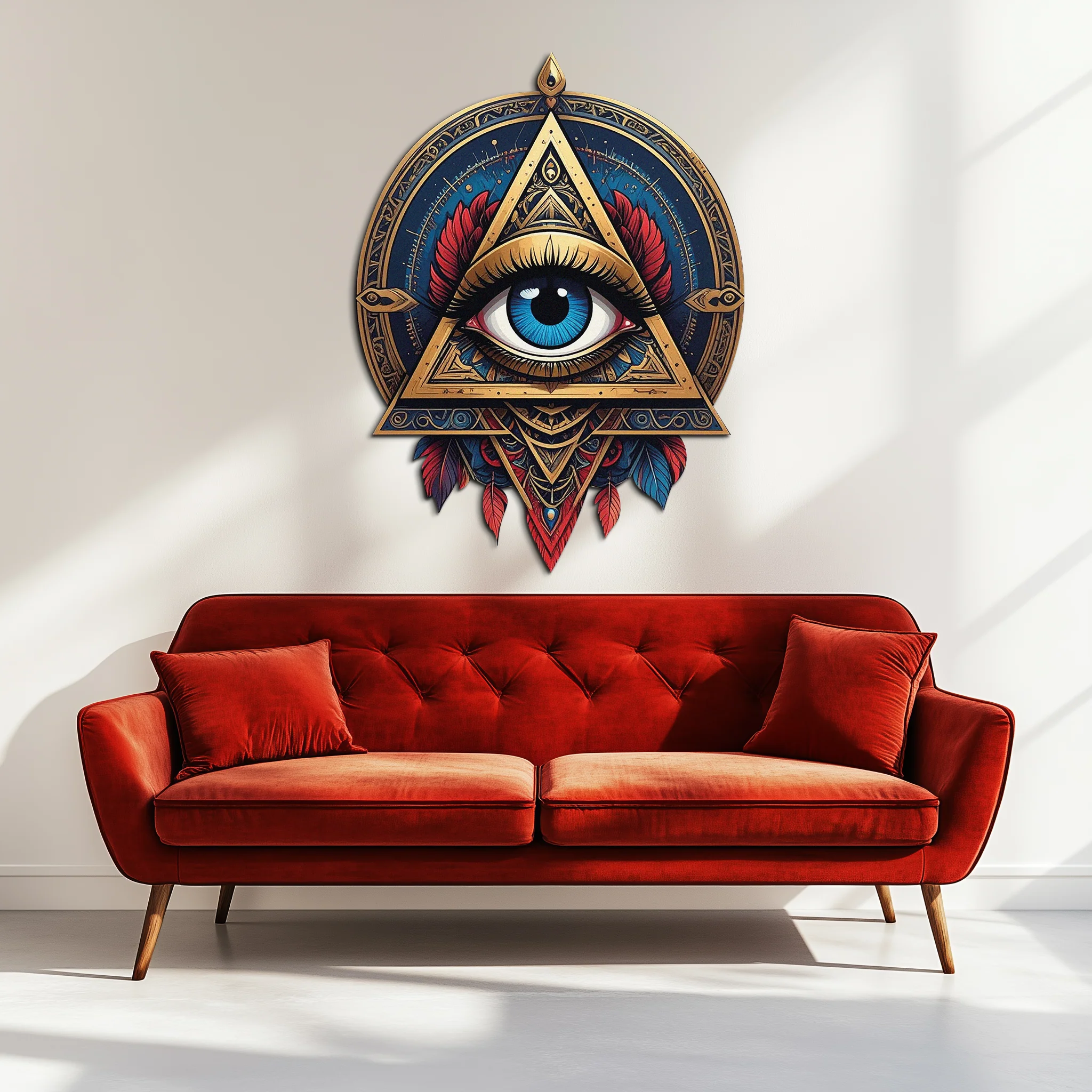 Mystic Eye Metal Wall Decor – Bohemian Triangle Art with Feathers-KAFUVM024 - Image 4