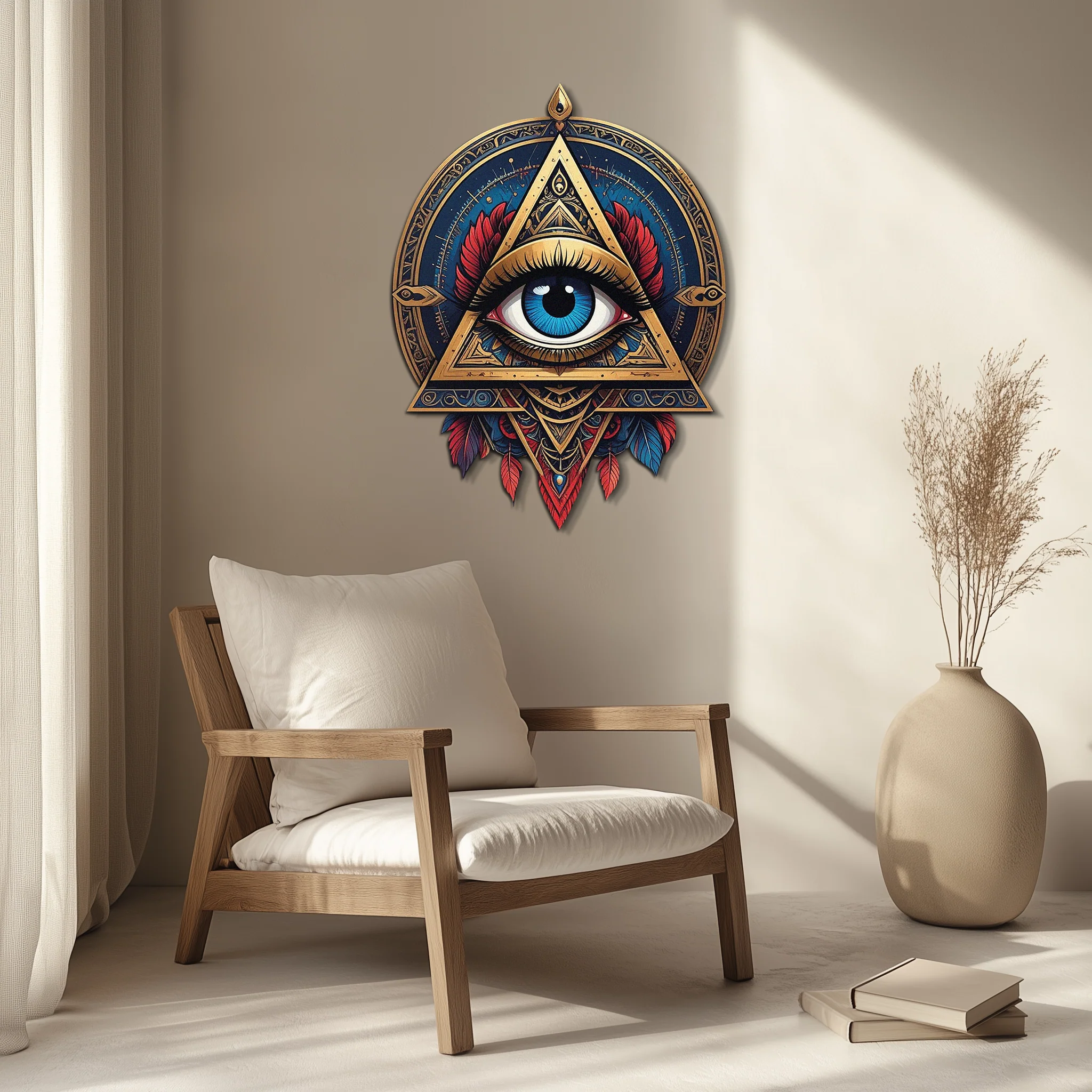 Mystic Eye Metal Wall Decor – Bohemian Triangle Art with Feathers-KAFUVM024 - Image 5