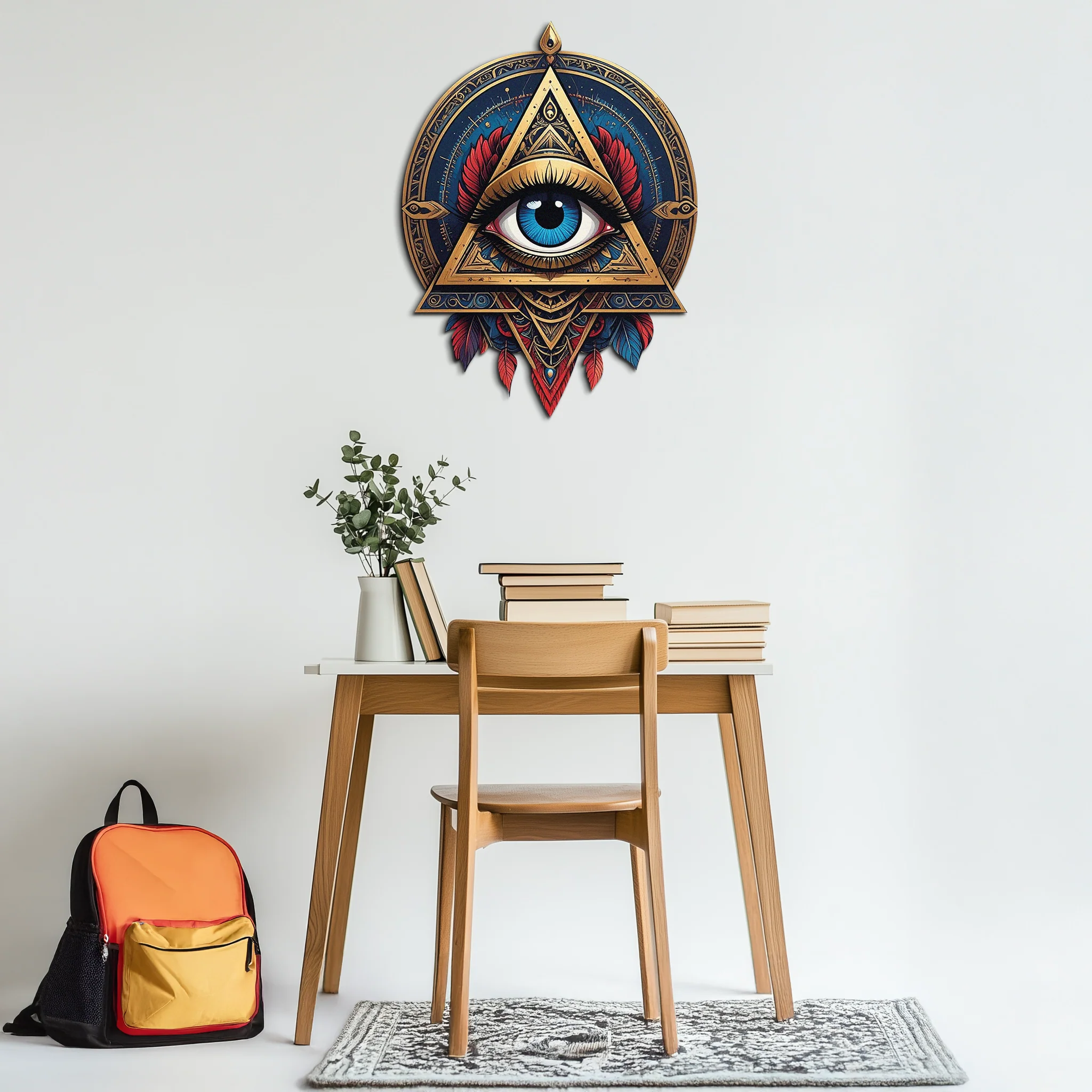 Mystic Eye Metal Wall Decor – Bohemian Triangle Art with Feathers-KAFUVM024 - Image 6