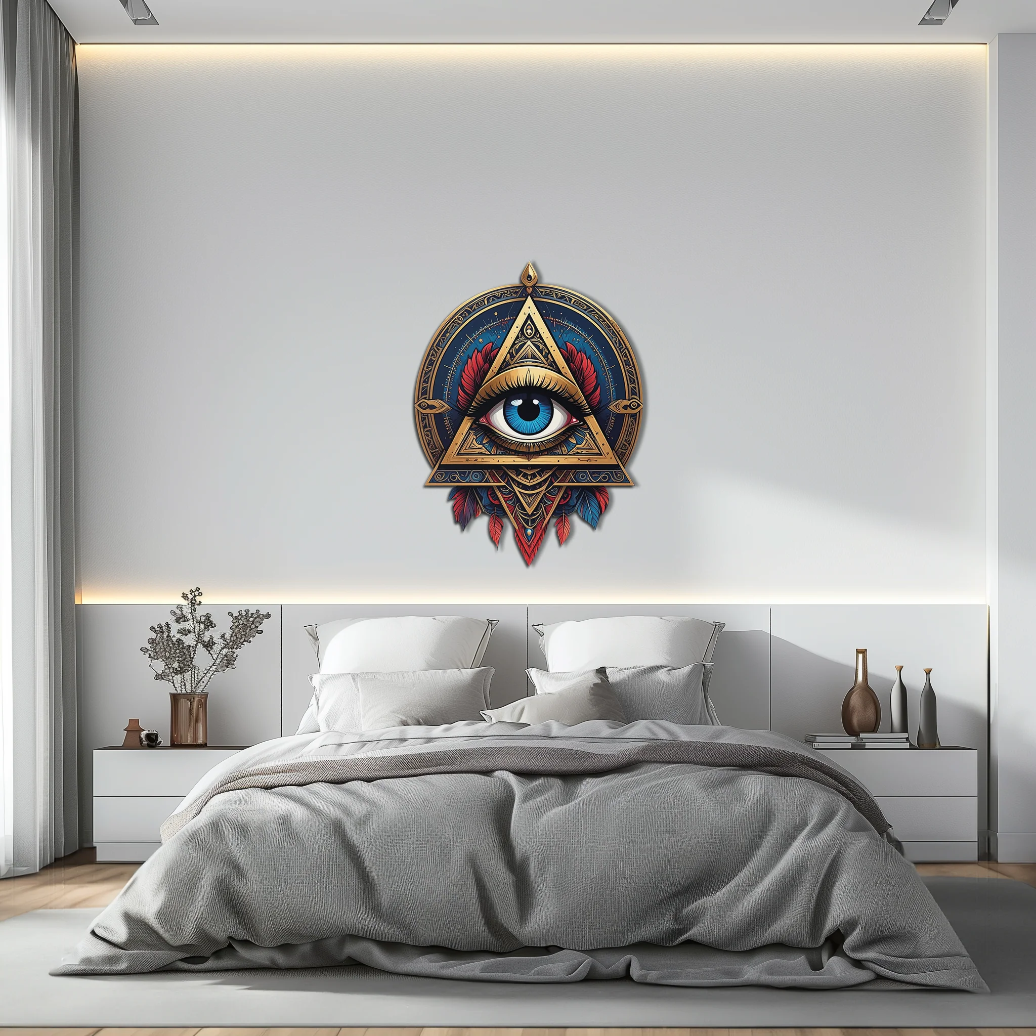 Mystic Eye Metal Wall Decor – Bohemian Triangle Art with Feathers-KAFUVM024 - Image 7