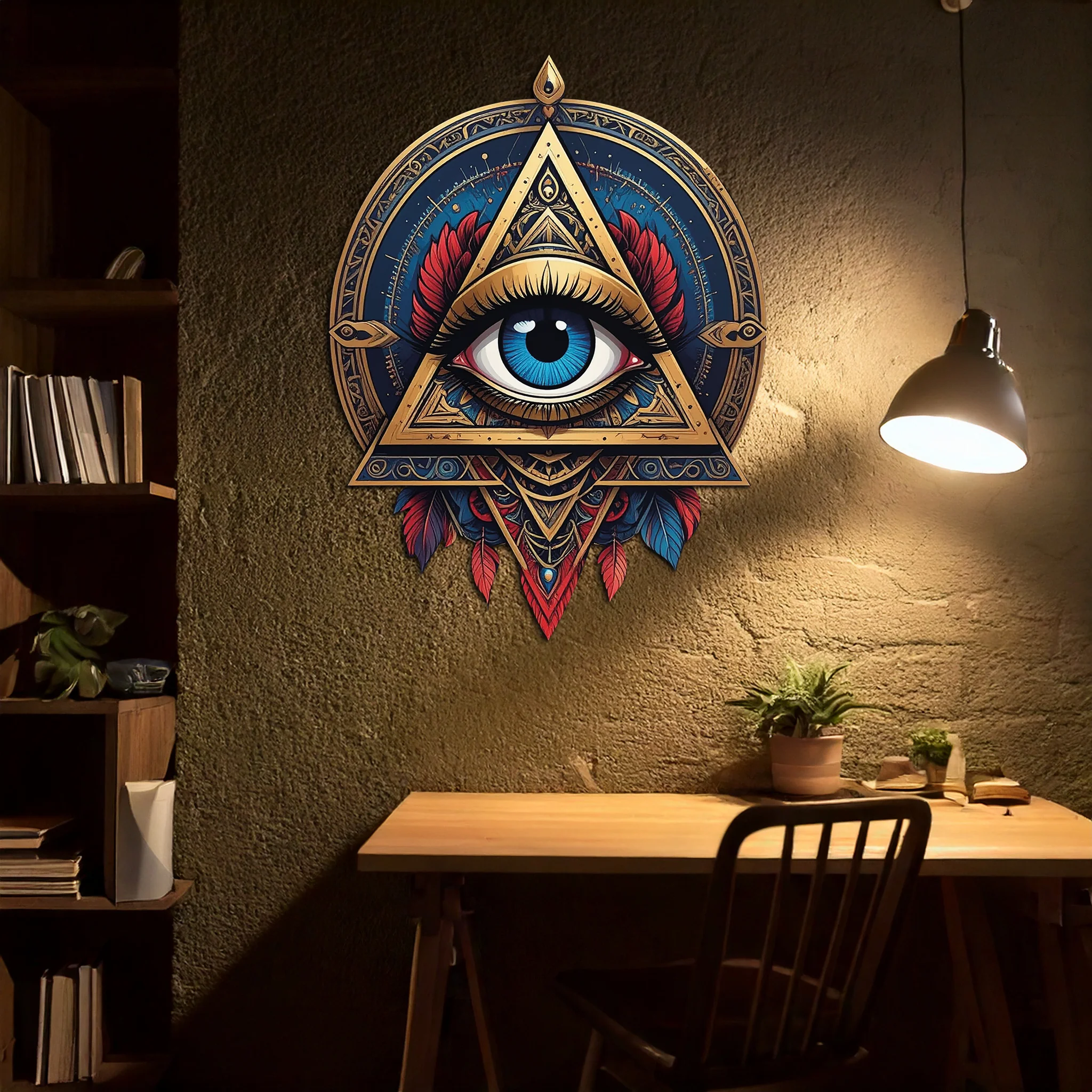 Mystic Eye Metal Wall Decor – Bohemian Triangle Art with Feathers-KAFUVM024 - Image 8