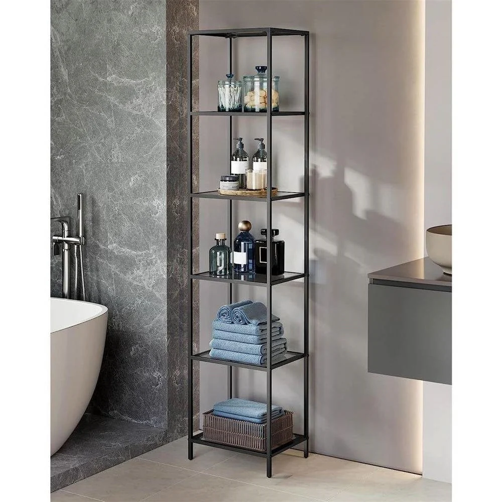 Narrow Glass Shelves Bookcase 5-Shelf Shelving Unit with Black Grey Metal Frame - Image 2