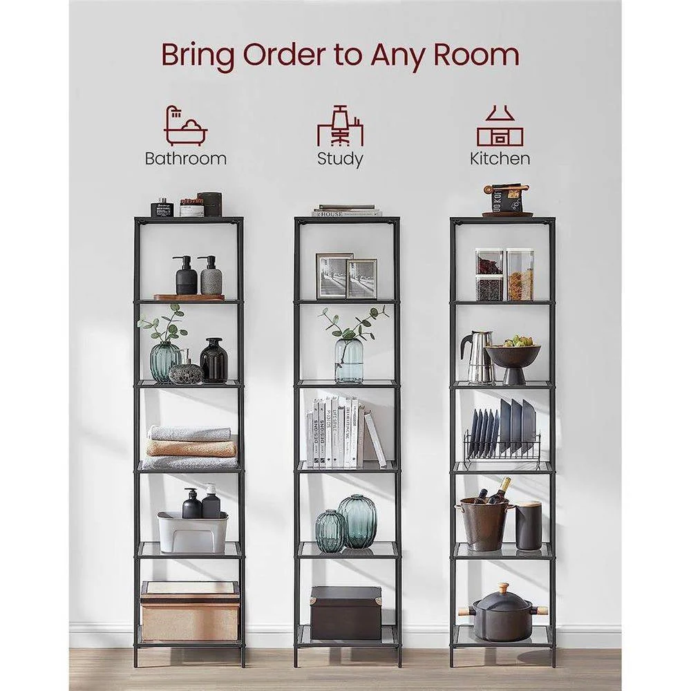 Narrow Glass Shelves Bookcase 5-Shelf Shelving Unit with Black Grey Metal Frame - Image 3