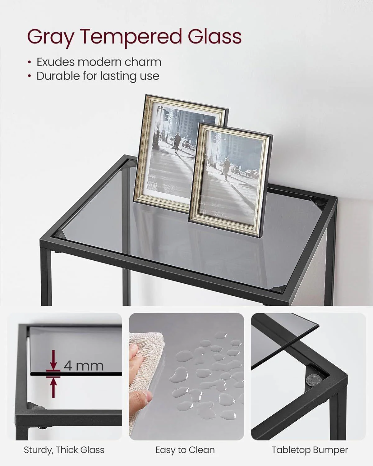 Narrow Glass Shelves Bookcase 5-Shelf Shelving Unit with Black Grey Metal Frame - Image 4