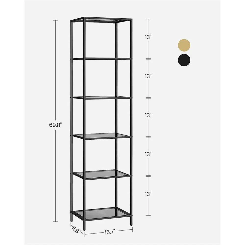 Narrow Glass Shelves Bookcase 5-Shelf Shelving Unit with Black Grey Metal Frame - Image 5