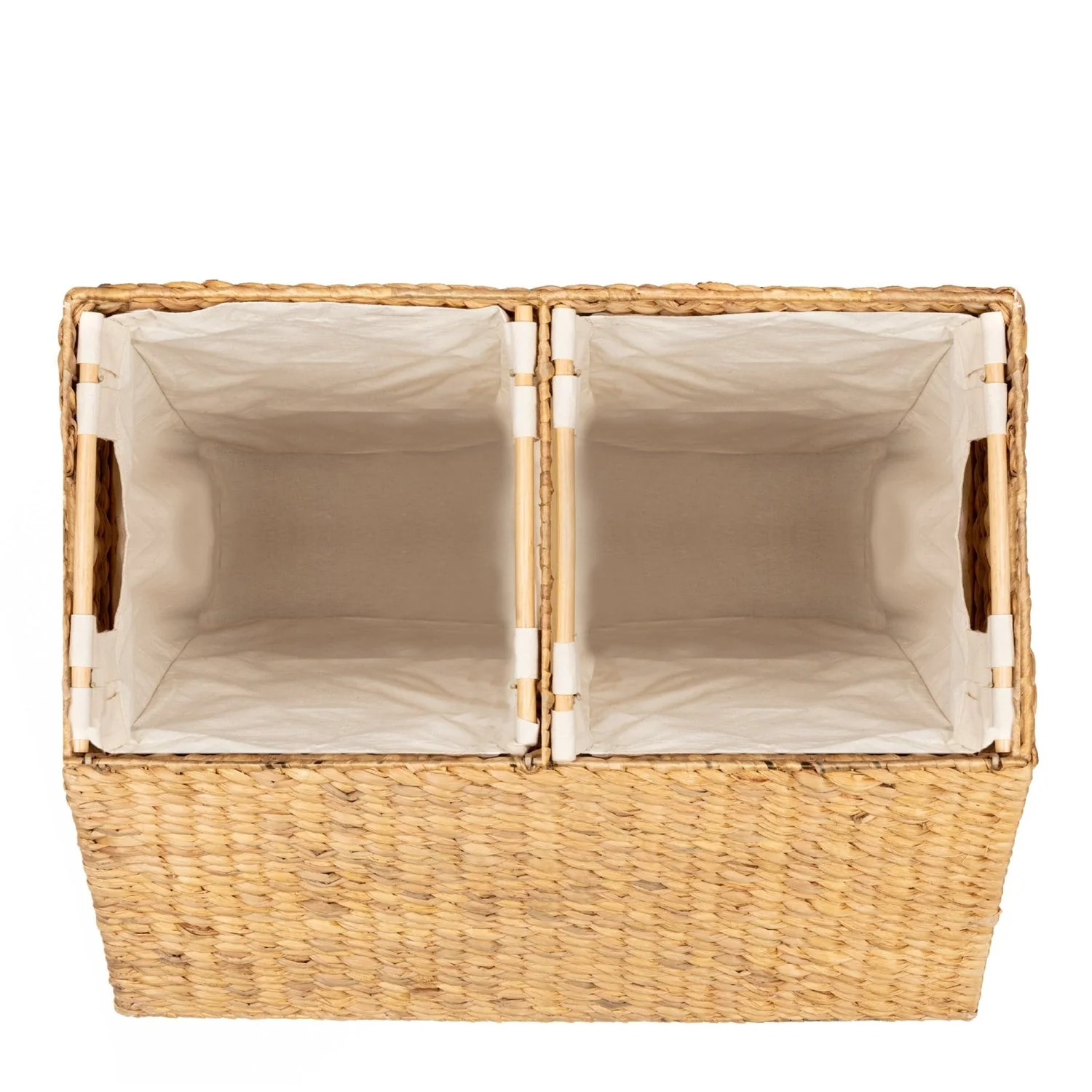 Natural 2-Bin Handwoven Hyacinth Linen Liner Laundry Hamper w/ Handles - Image 3