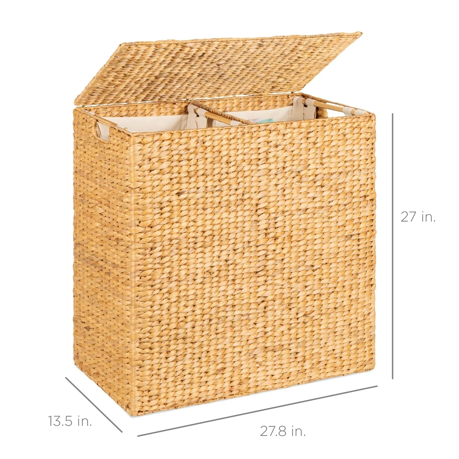 Natural 2-Bin Handwoven Hyacinth Linen Liner Laundry Hamper w/ Handles - Image 4