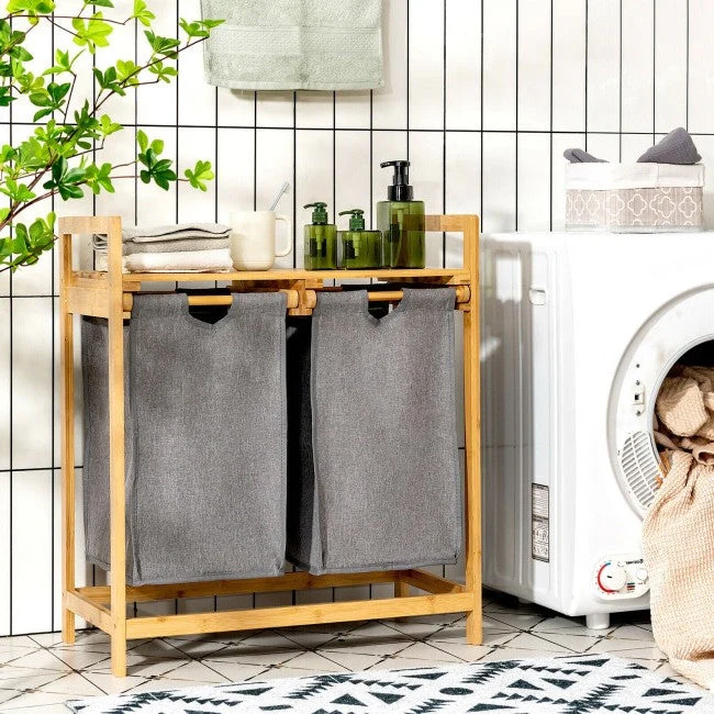 Natural Bamboo 2 Bin Sliding Laundry Hamper with Storage Shelf - Image 3