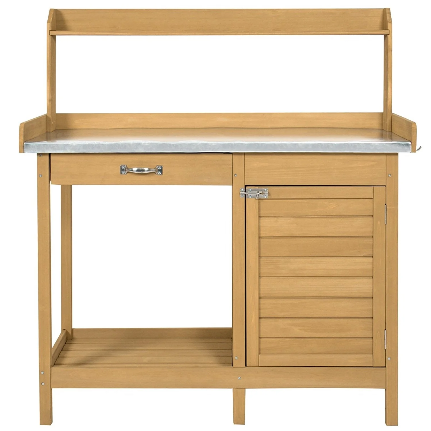 Natural Fir Wood Potting Bench Garden Work Table with Metal Top - Image 2