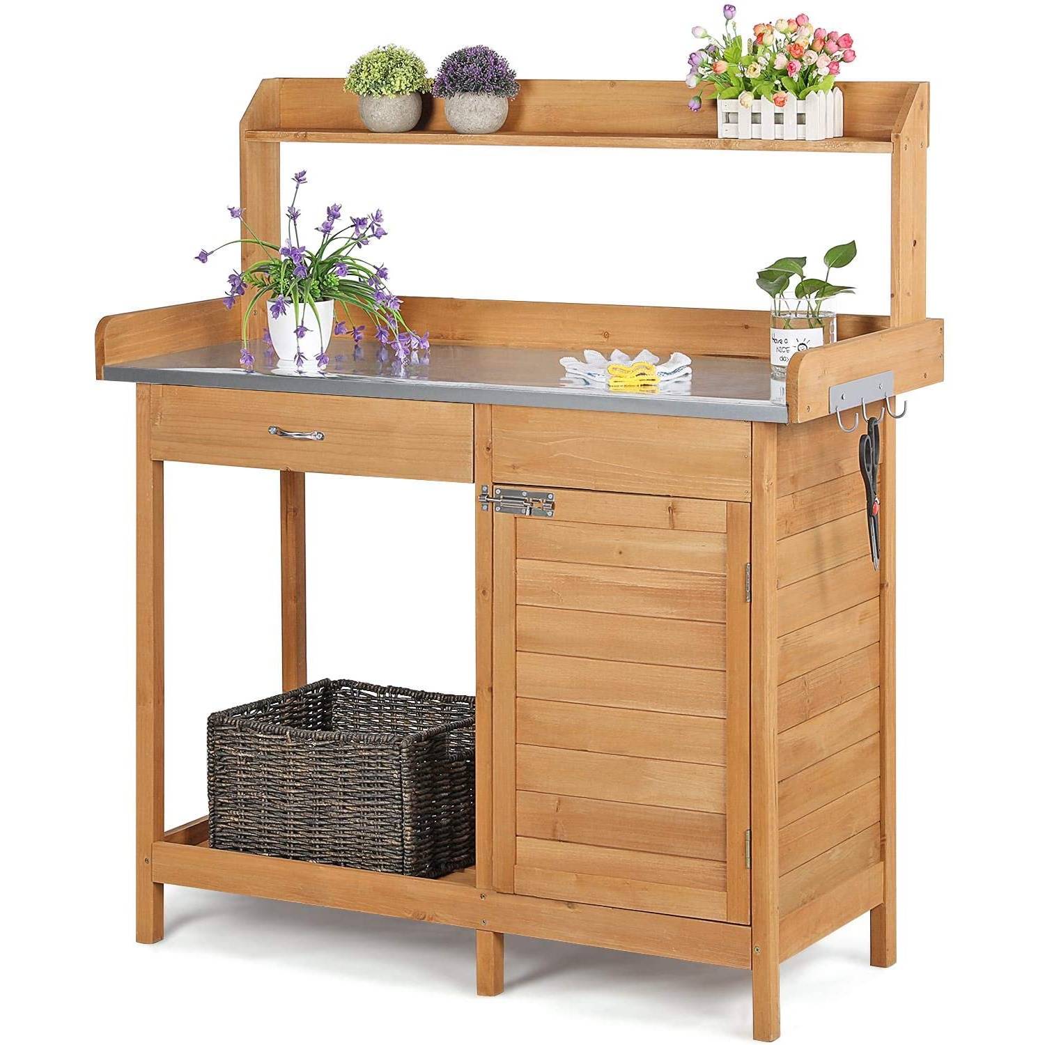 Natural Fir Wood Potting Bench with Galvanized Steel Table Top - Image 2