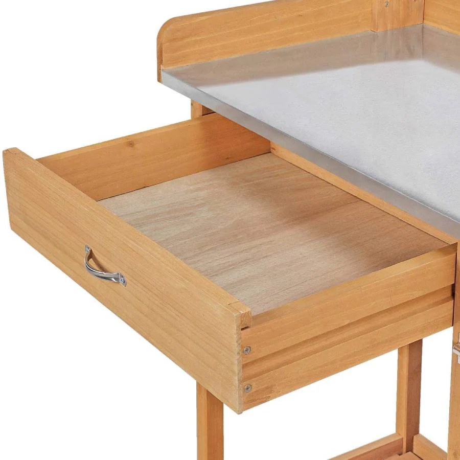 Natural Fir Wood Potting Bench with Galvanized Steel Table Top - Image 3