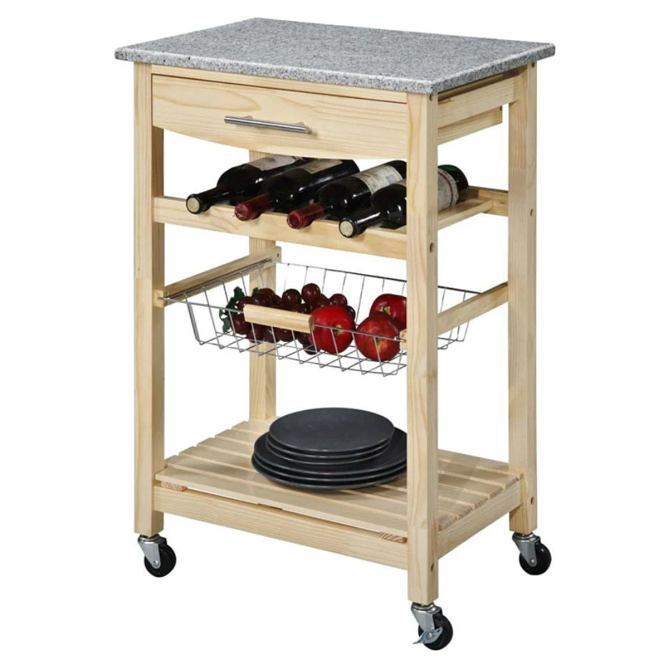 Natural Wood Finish Kitchen Island Cart with Granite Top - Image 2