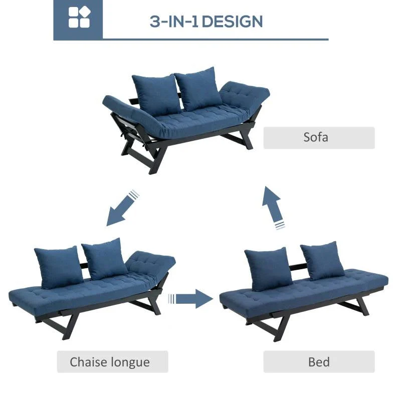 Navy/Black 3 In 1 Convertible Sofa Chaise Lounger Bed with 2 Large Pillows - Image 3