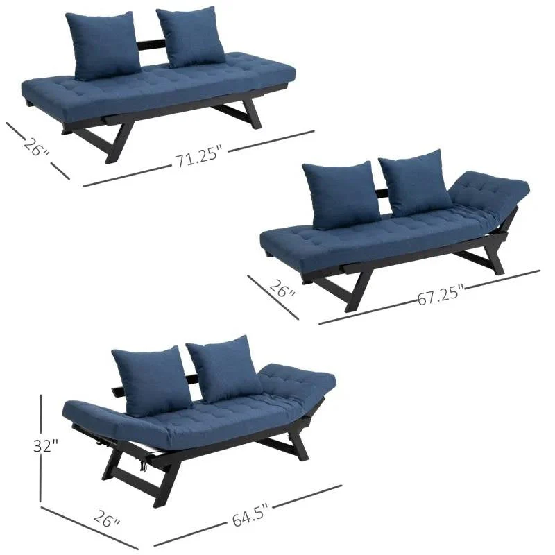 Navy/Black 3 In 1 Convertible Sofa Chaise Lounger Bed with 2 Large Pillows - Image 4