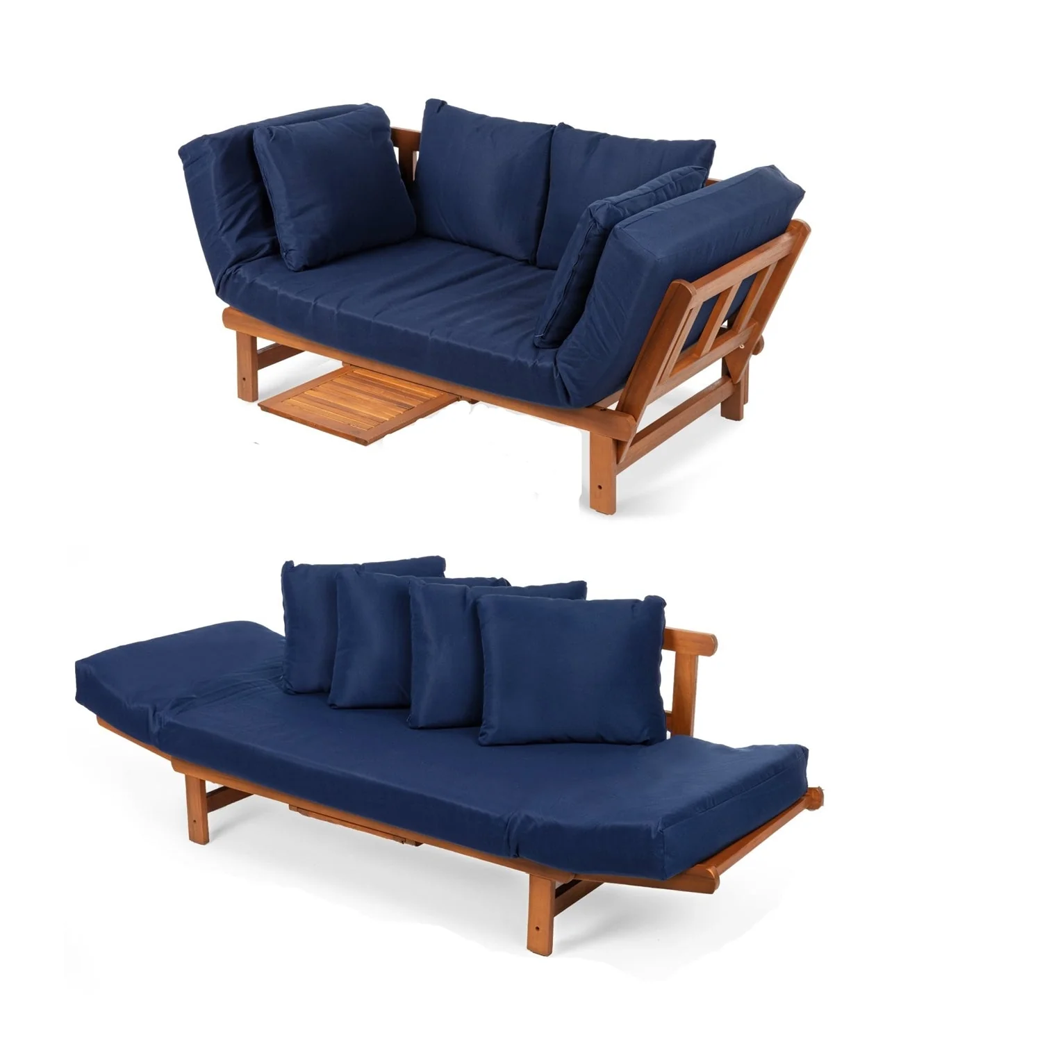 Navy Blue Outdoor Acacia Wood Convertible Sofa Futon with 4 Removable Pillows - Image 3