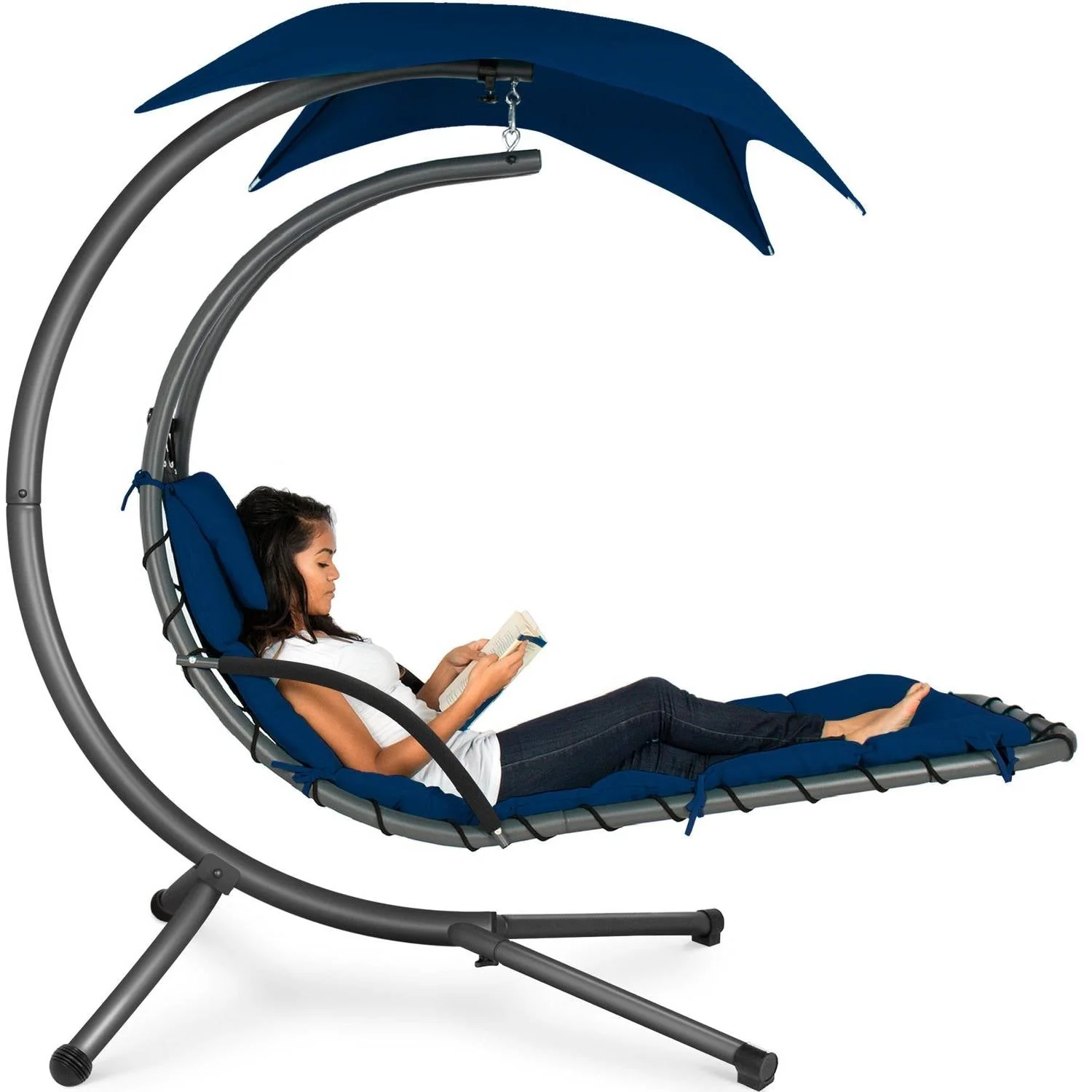 Navy Blue Single Person Sturdy Modern Chaise Lounger Hammock Chair Porch Swing - Image 2