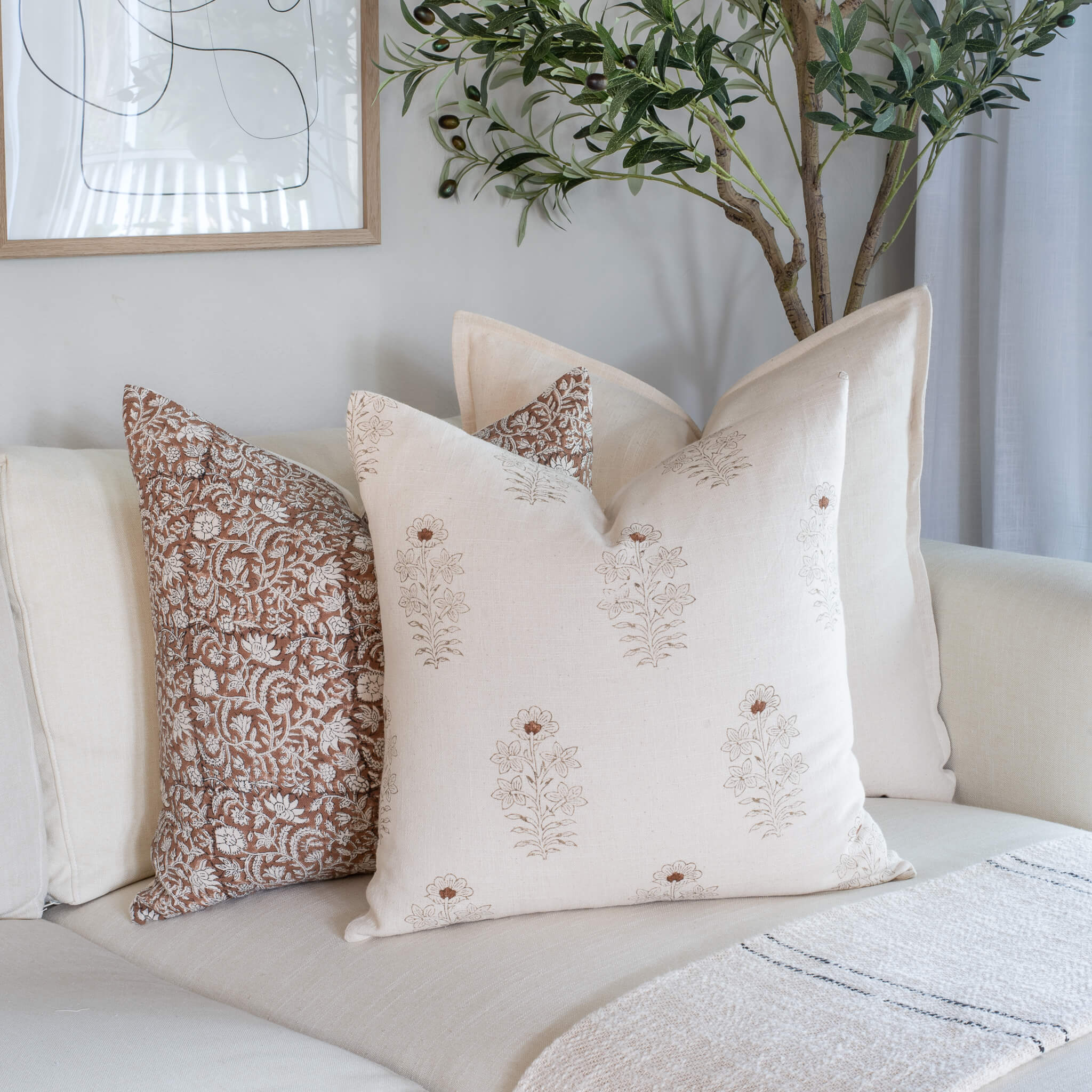 Nina Floral Block Printed Pillow Cover | Brown - Image 10