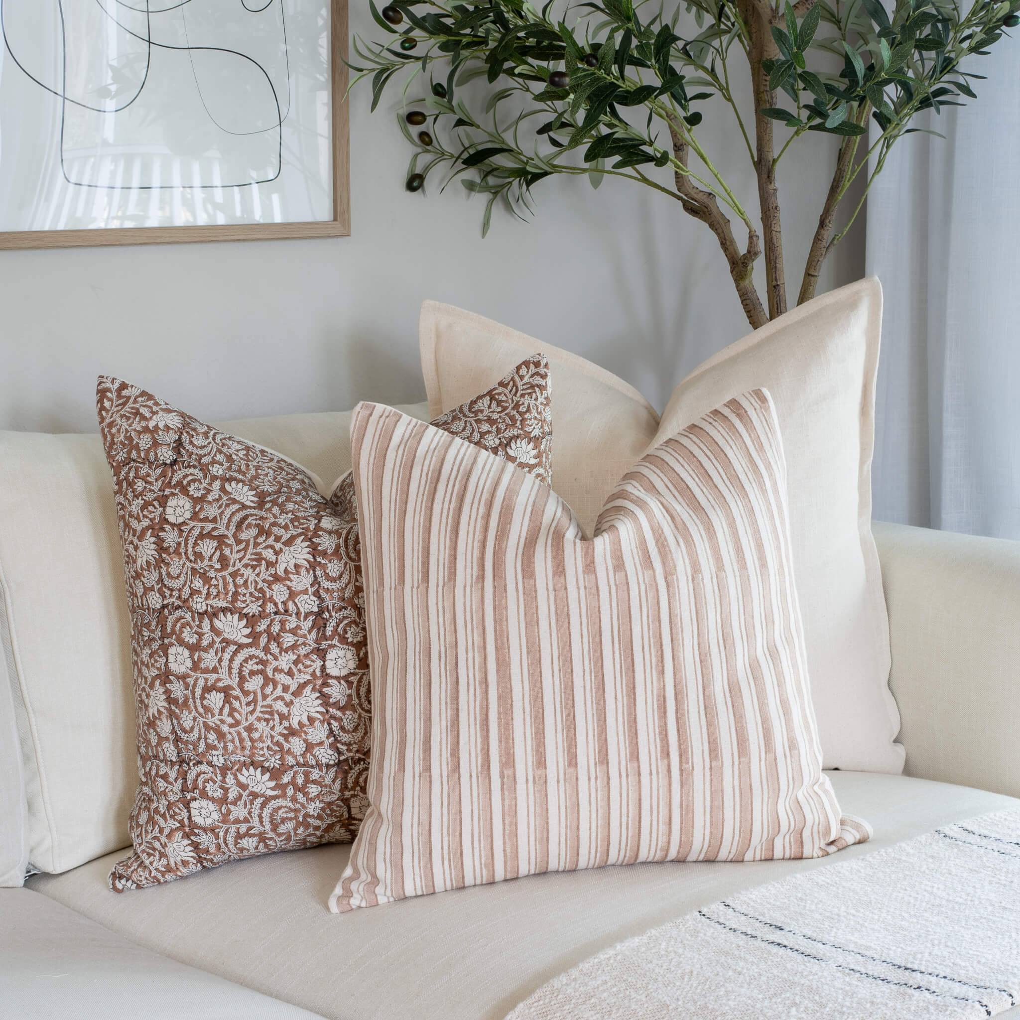 Nina Floral Block Printed Pillow Cover | Brown - Image 11