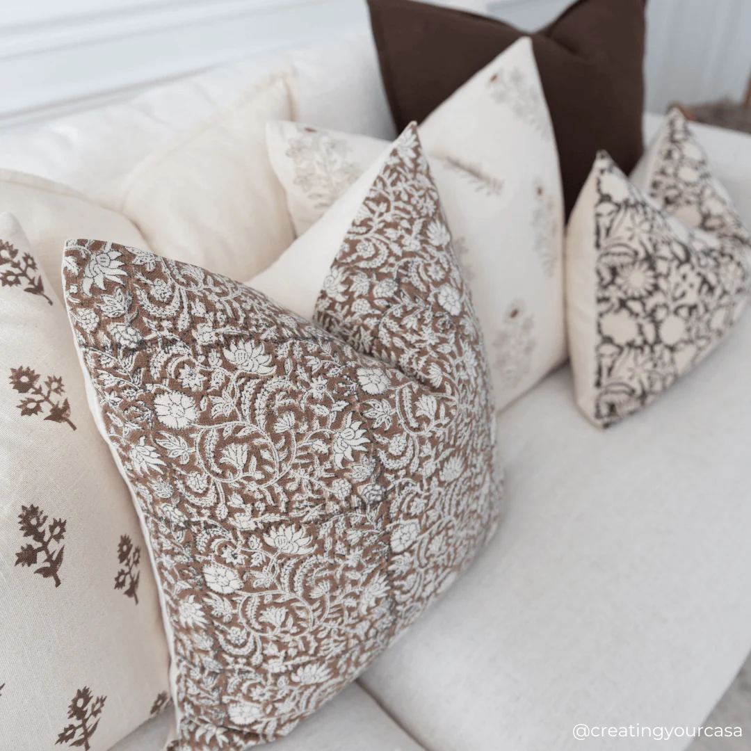 Nina Floral Block Printed Pillow Cover | Brown - Image 2