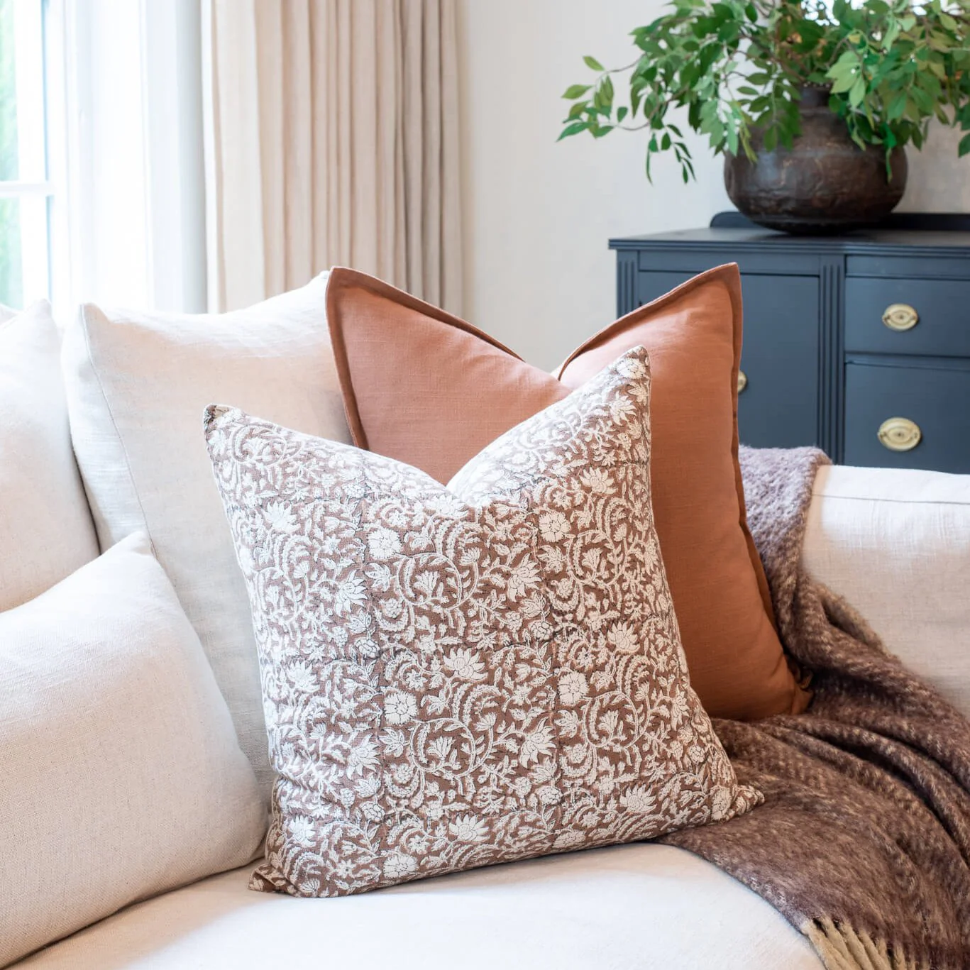 Nina Floral Block Printed Pillow Cover | Brown - Image 6
