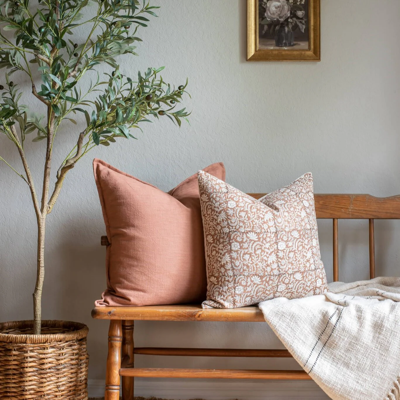 Nina Floral Block Printed Pillow Cover | Brown - Image 7