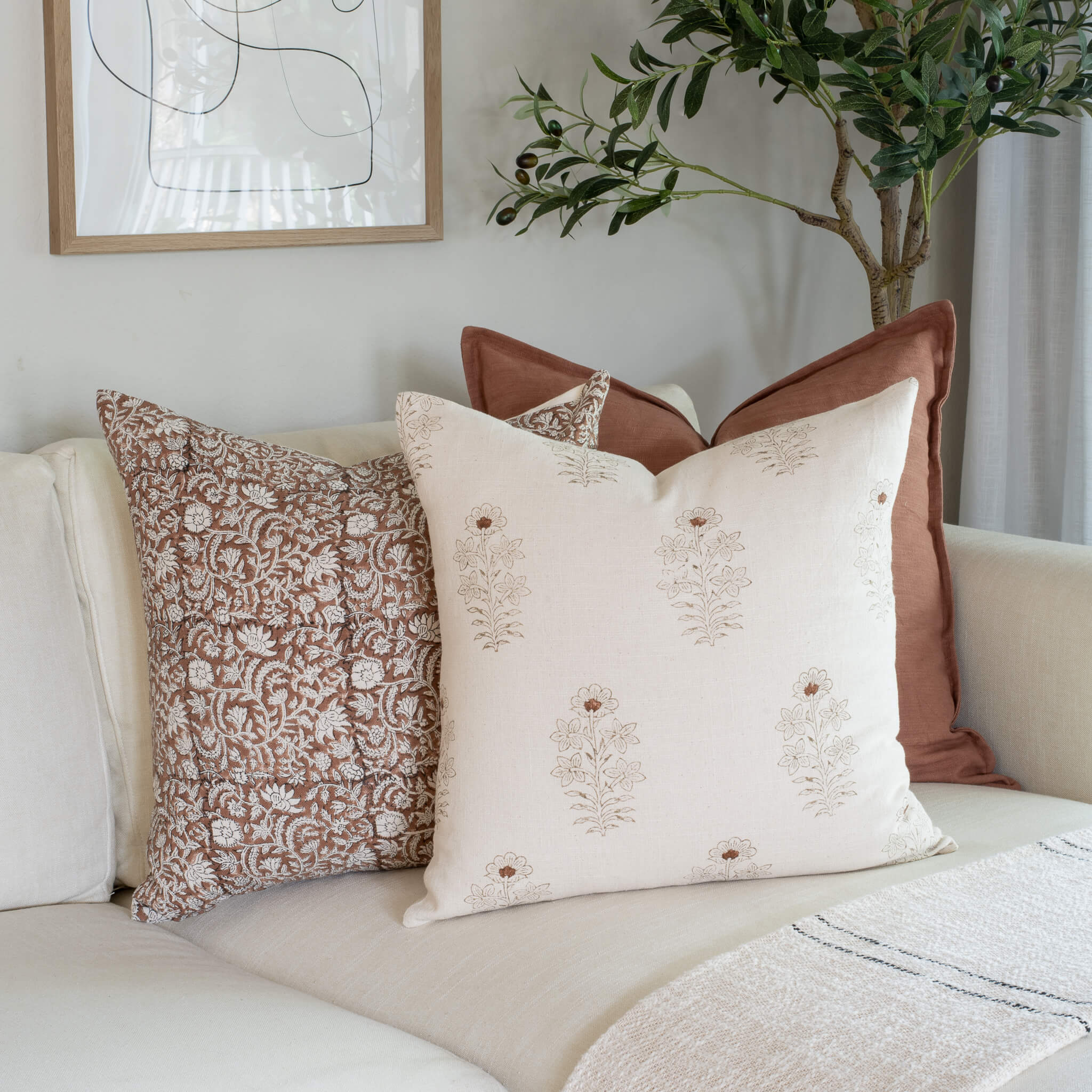 Nina Floral Block Printed Pillow Cover | Brown - Image 8