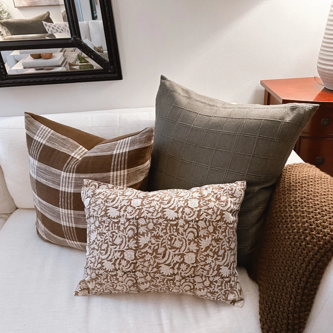 Nina Floral Block Printed Pillow Cover | Brown | Lumbar - Image 2