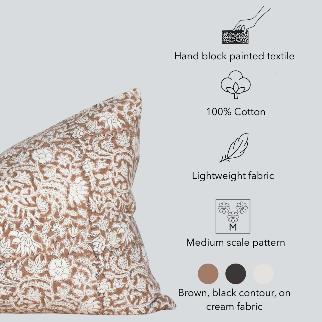 Nina Floral Block Printed Pillow Cover | Brown | Lumbar - Image 3
