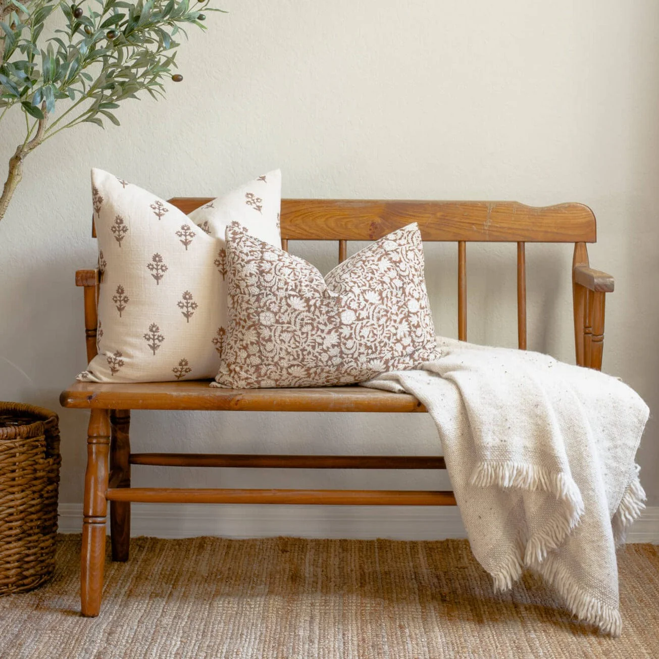 Nina Floral Block Printed Pillow Cover | Brown | Lumbar - Image 6