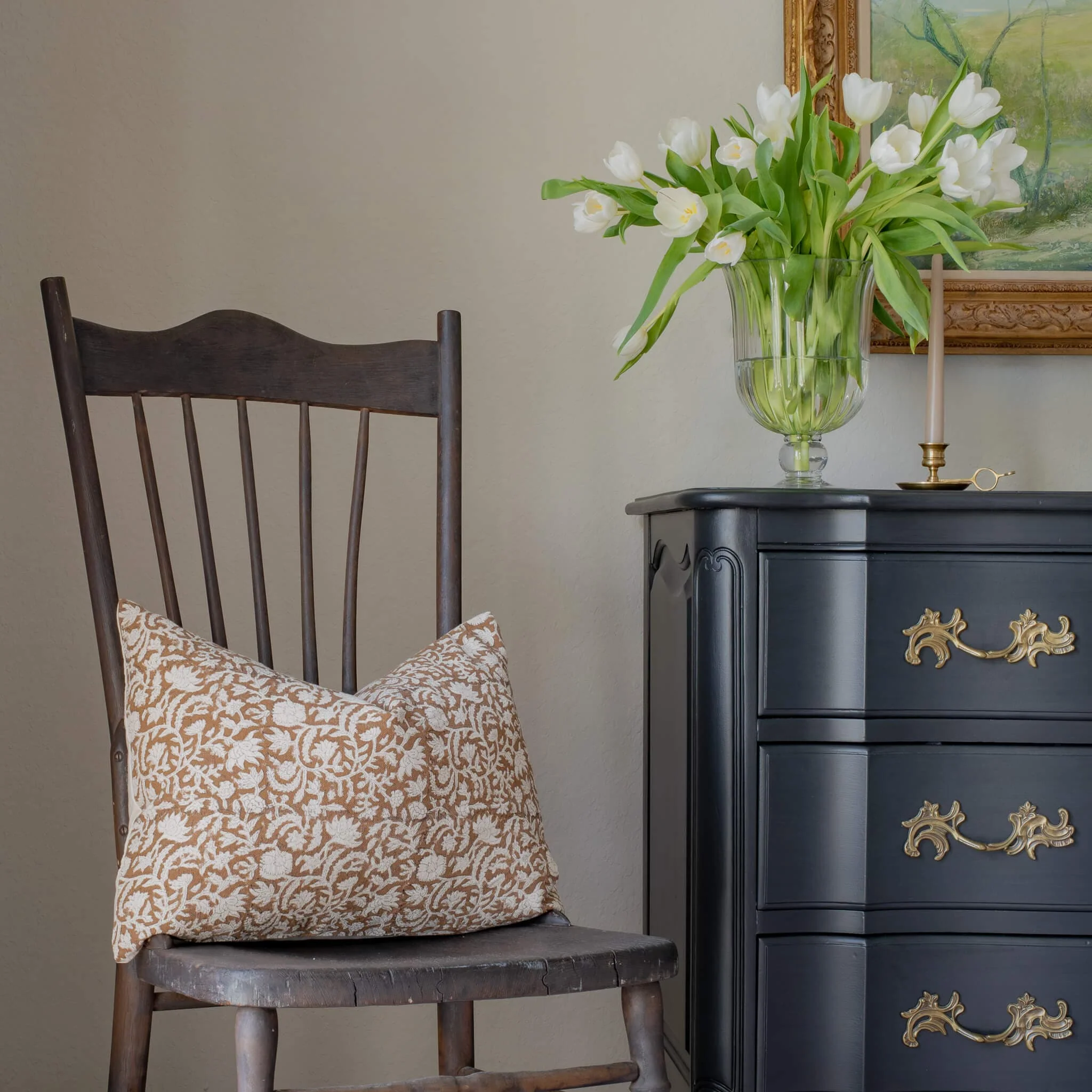 Nina Floral Block Printed Pillow Cover | Brown | Lumbar - Image 7