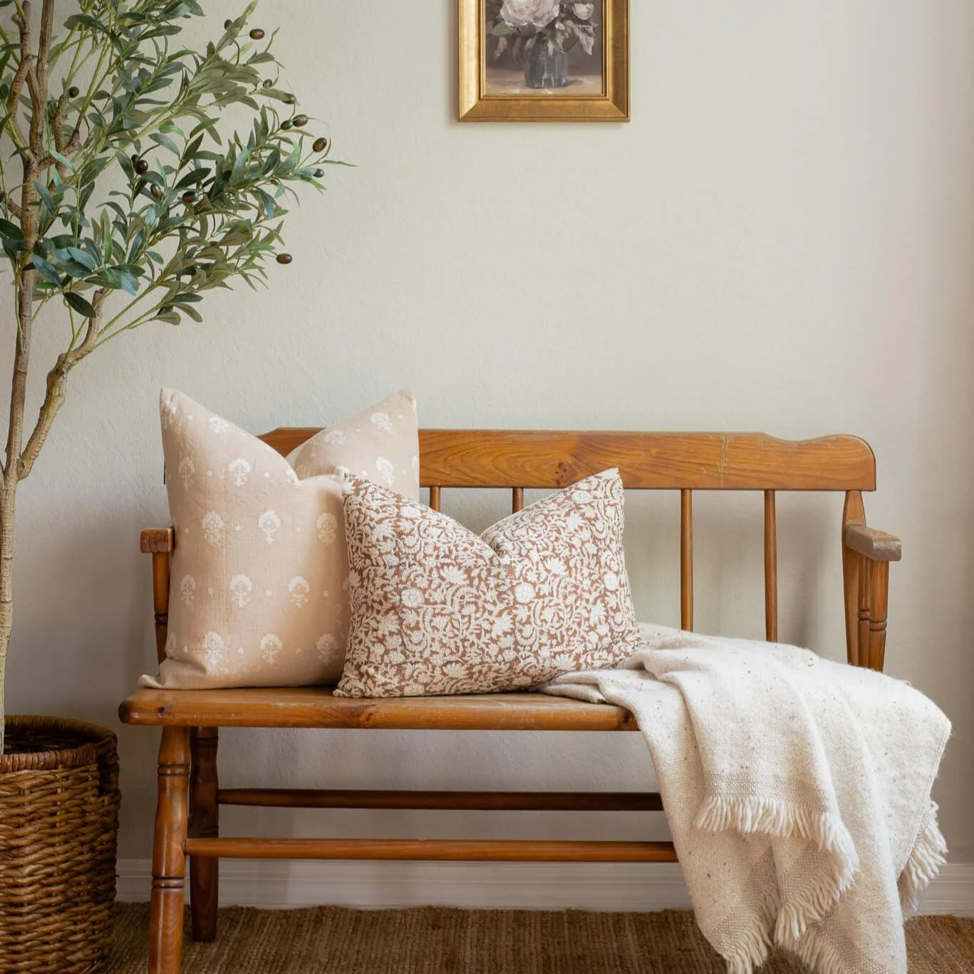 Nina Floral Block Printed Pillow Cover | Brown | Lumbar - Image 8