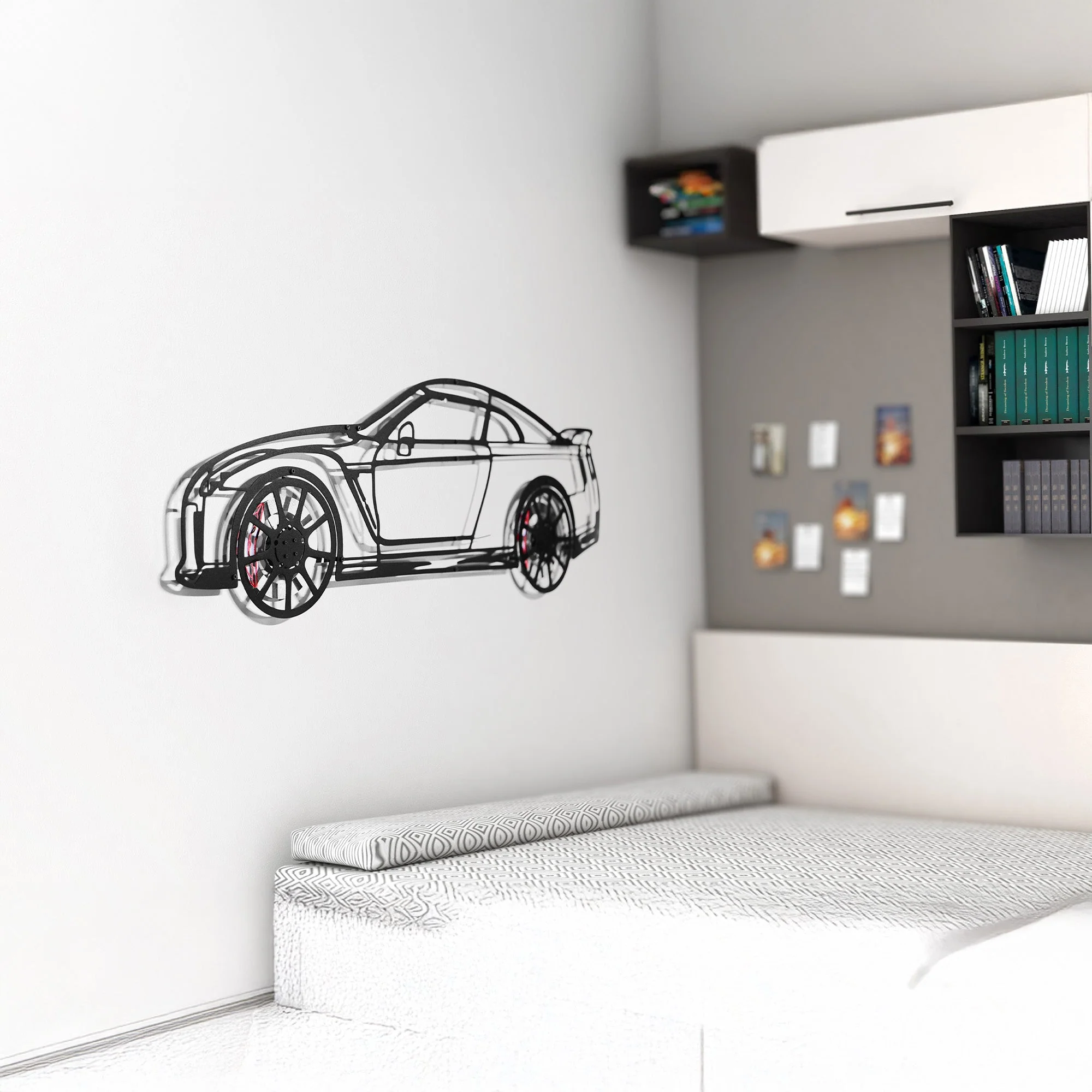 Nissan GT-R R35 Wall Art – JDM Steel Silhouette with Spinning Wheels-KAFMEKA036 - Image 3