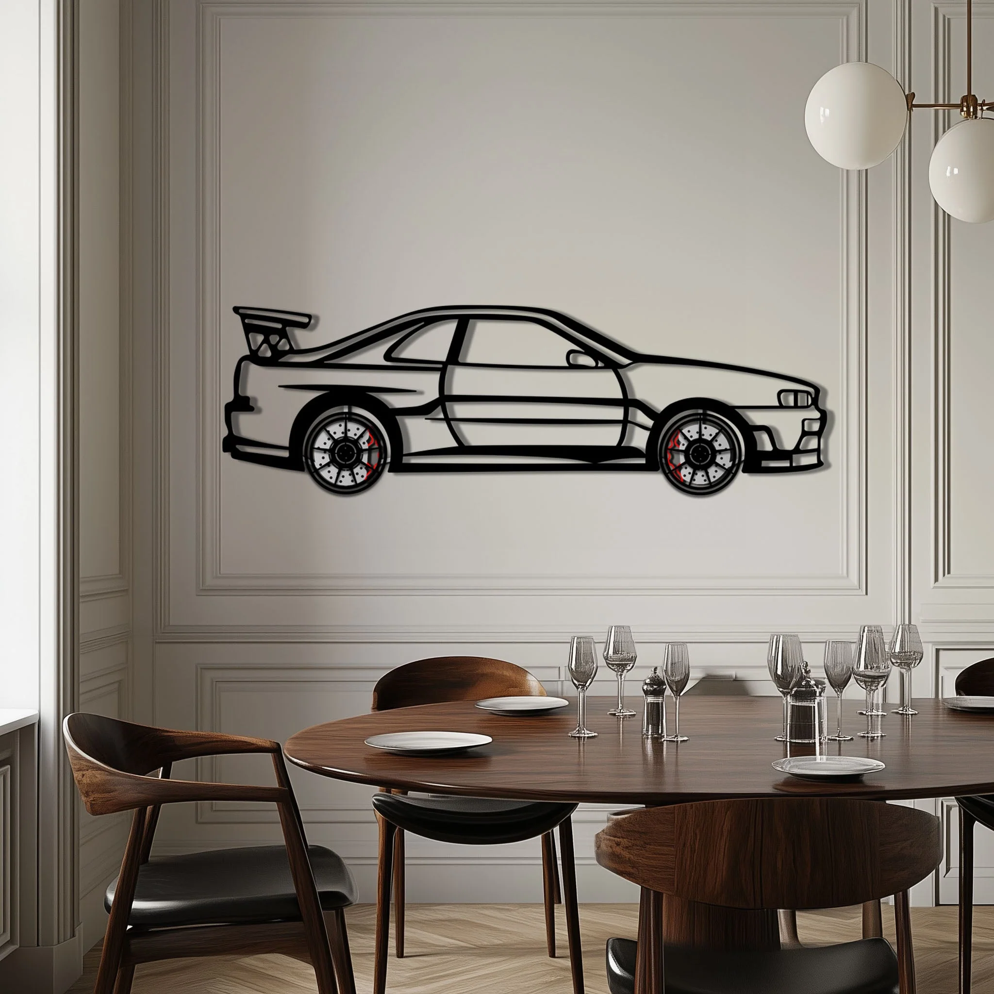 Nissan Skyline GT-R R34 Metal Car Wall Art with Rotating Wheels - "Godzilla" JDM Legend Silhouette - Interactive Automotive Wall Decor - KAFMEKA152 - Image 3