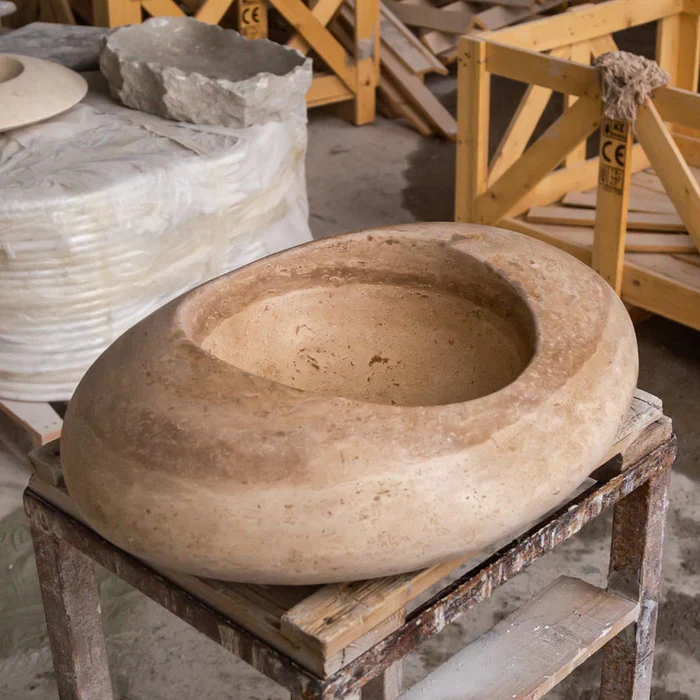 Noce Travertine Natural Stone Kayak Design Above Vanity Bathroom Vessel Sink (W)16" (L)23" (H)6" - In Stock - Image 5